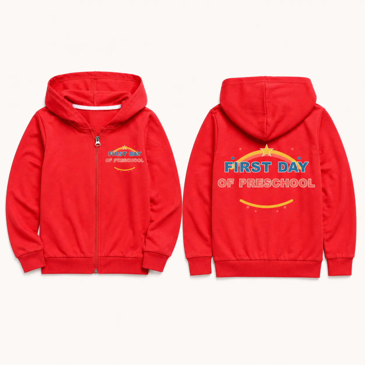 Red kids zip-up cardigan shown from front and back with preschool prints on the left chest and upper back