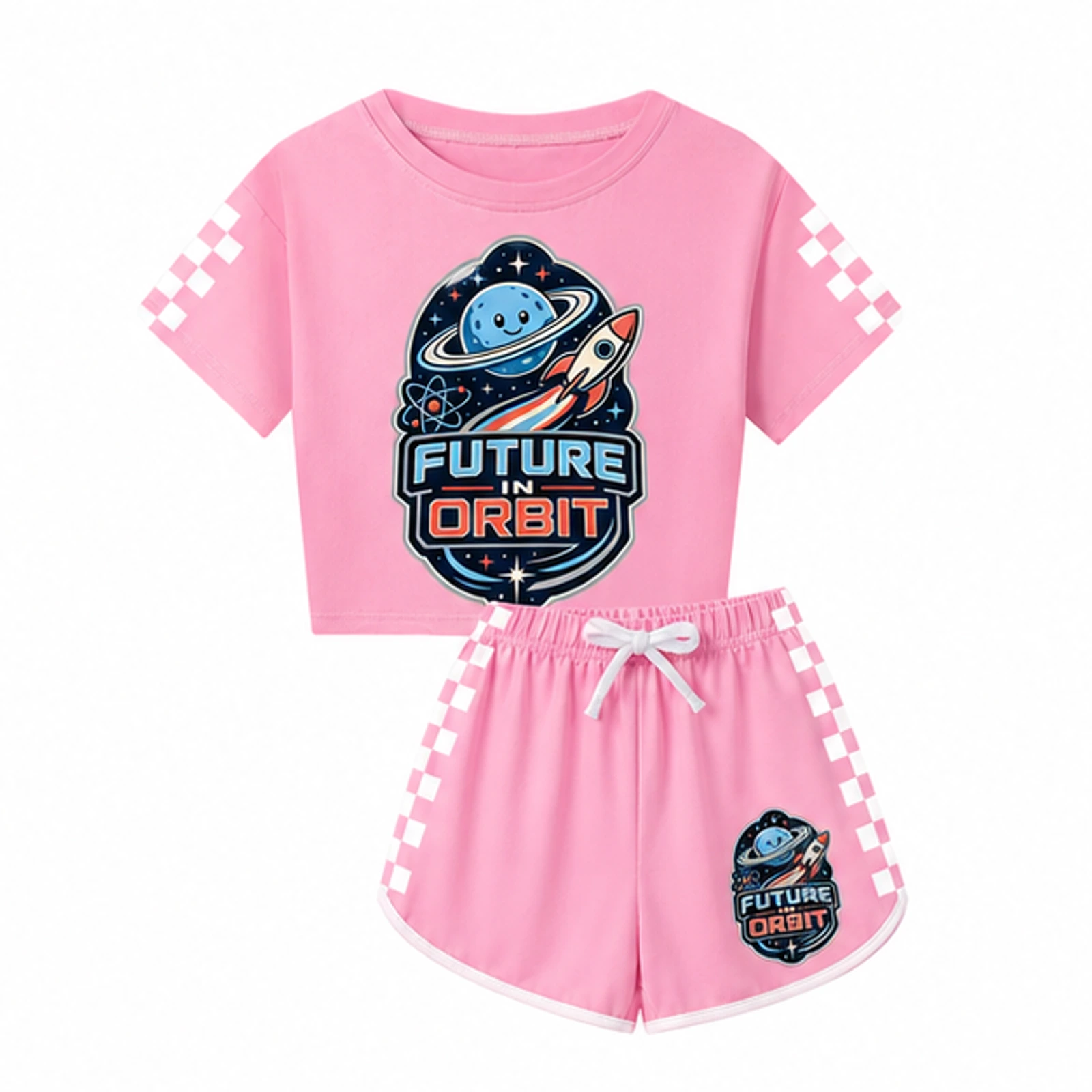 Future in Orbit Custom Family Checker Short-Sleeve Top and Shorts Set, AI-redrawn from the exact blank product and approved logo reference, alternate approved color view