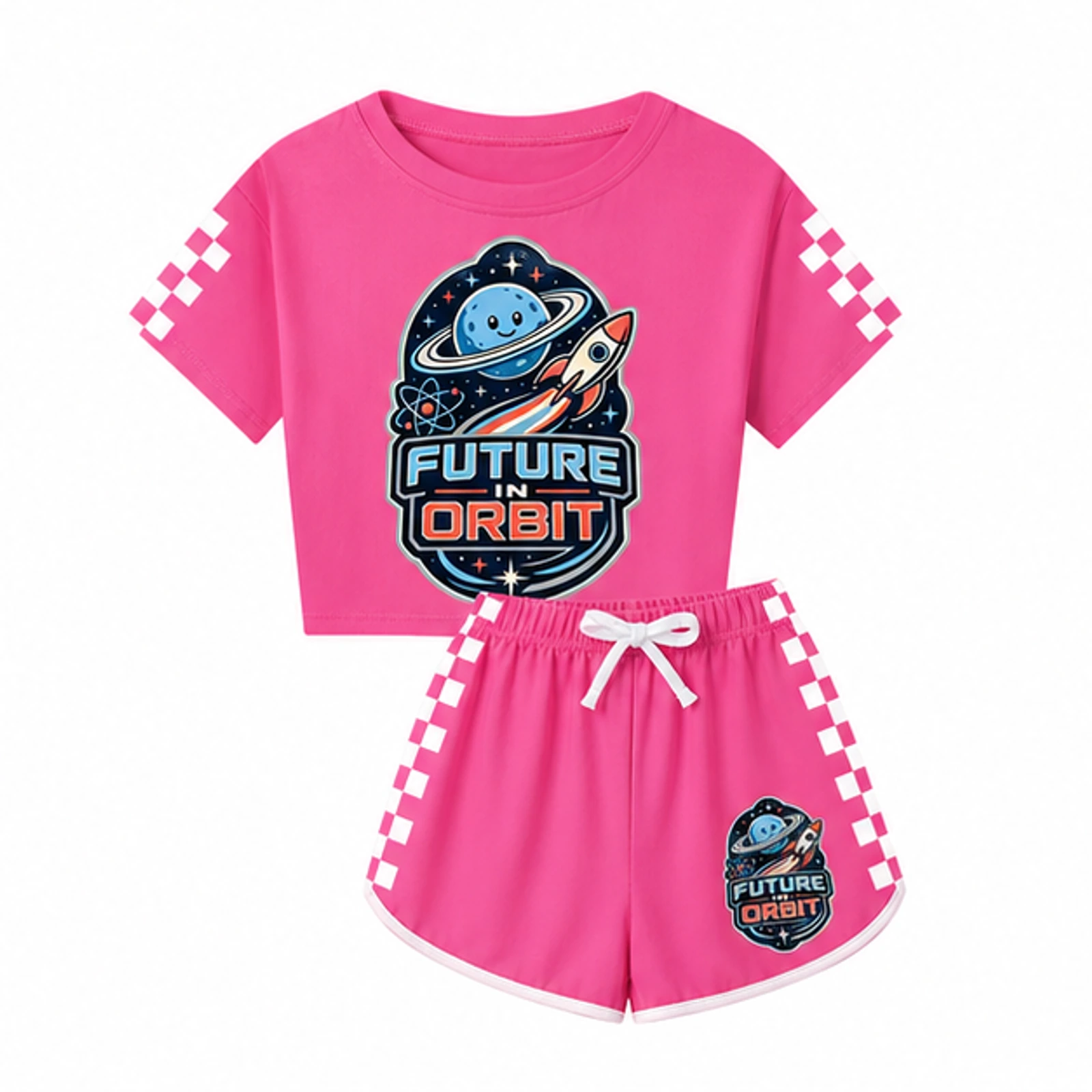 Future in Orbit Custom Family Checker Short-Sleeve Top and Shorts Set, AI-redrawn from the exact blank product and approved logo reference, alternate clean ecommerce view