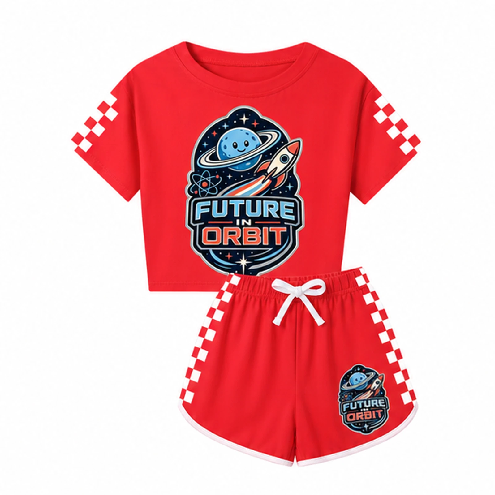 Future in Orbit Custom Family Checker Short-Sleeve Top and Shorts Set, AI-redrawn from the exact blank product and approved logo reference