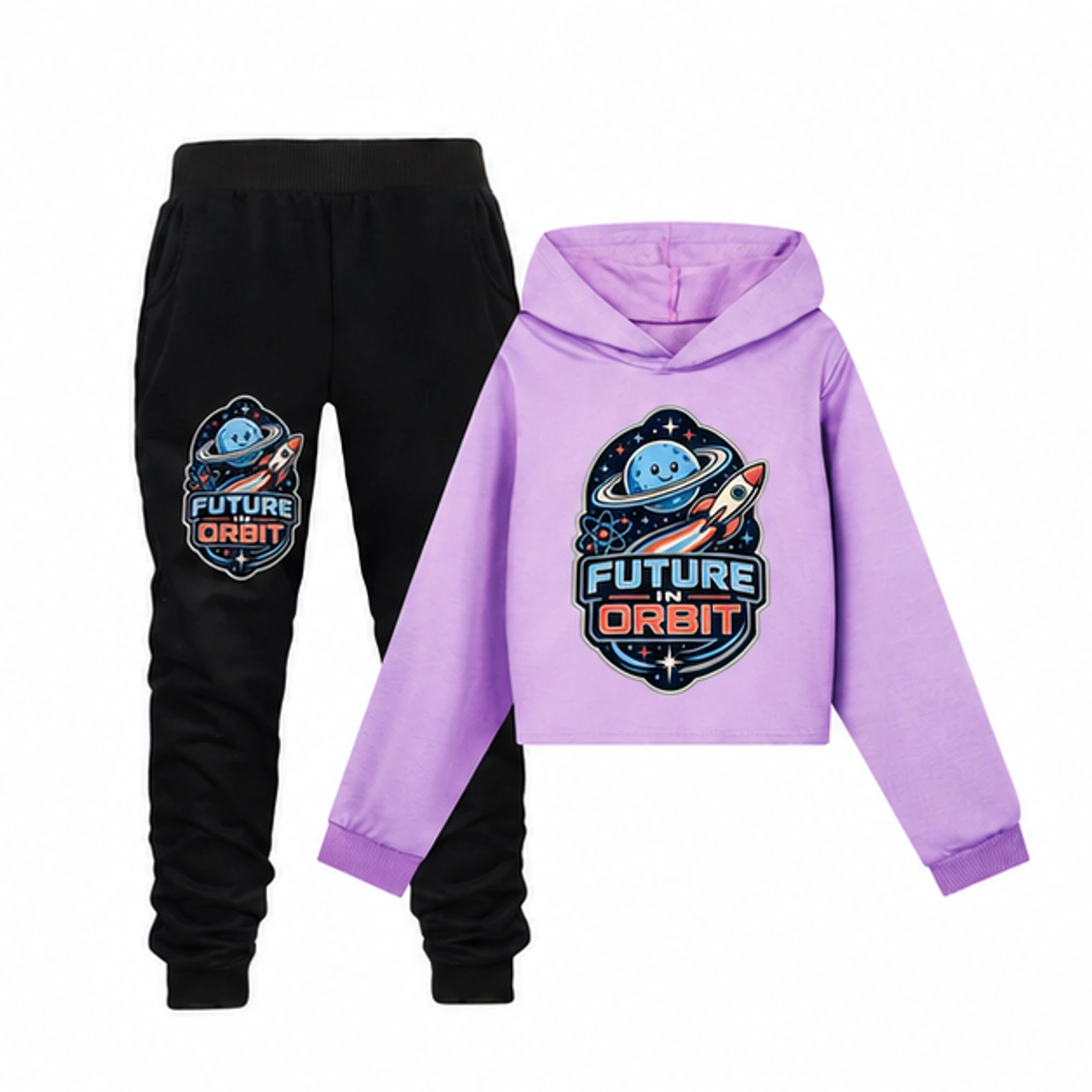 Purple · Set option for Future in Orbit Custom Girls Cropped Hoodie and Pants Set, AI-redrawn from the exact blank product and approved logo reference