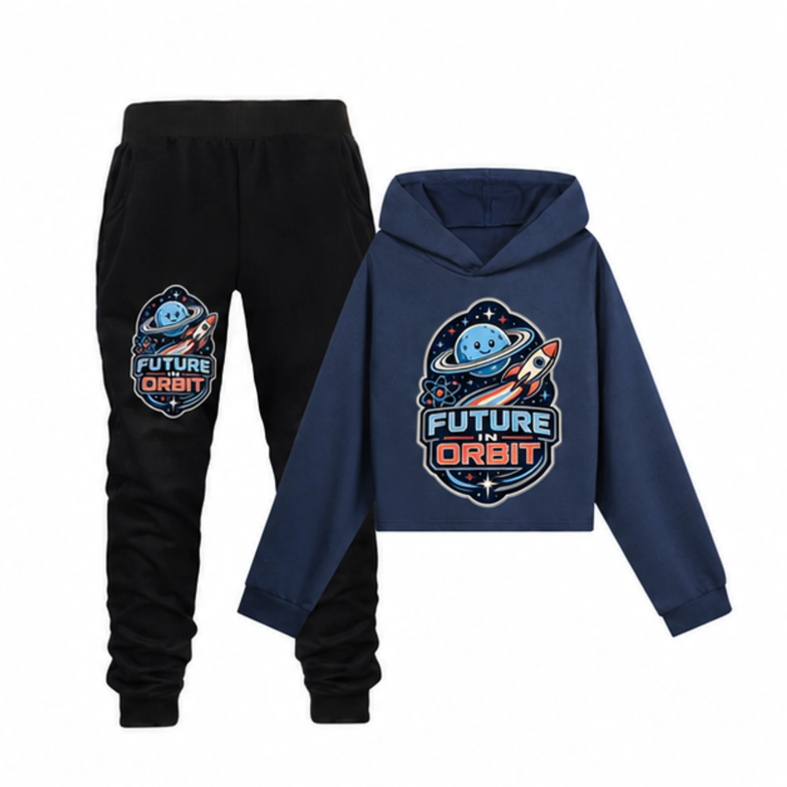 Future in Orbit Custom Girls Cropped Hoodie and Pants Set, AI-redrawn from the exact blank product and approved logo reference, alternate approved color view