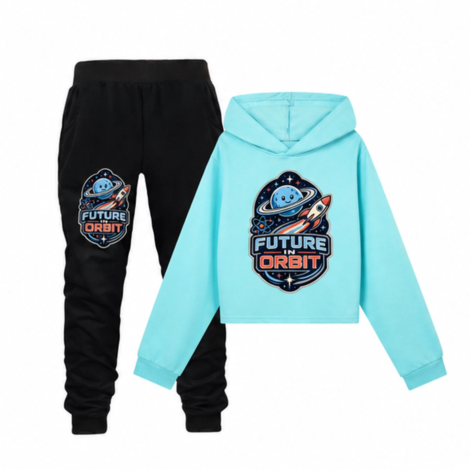 Future in Orbit Custom Girls Cropped Hoodie and Pants Set, AI-redrawn from the exact blank product and approved logo reference, alternate clean ecommerce view
