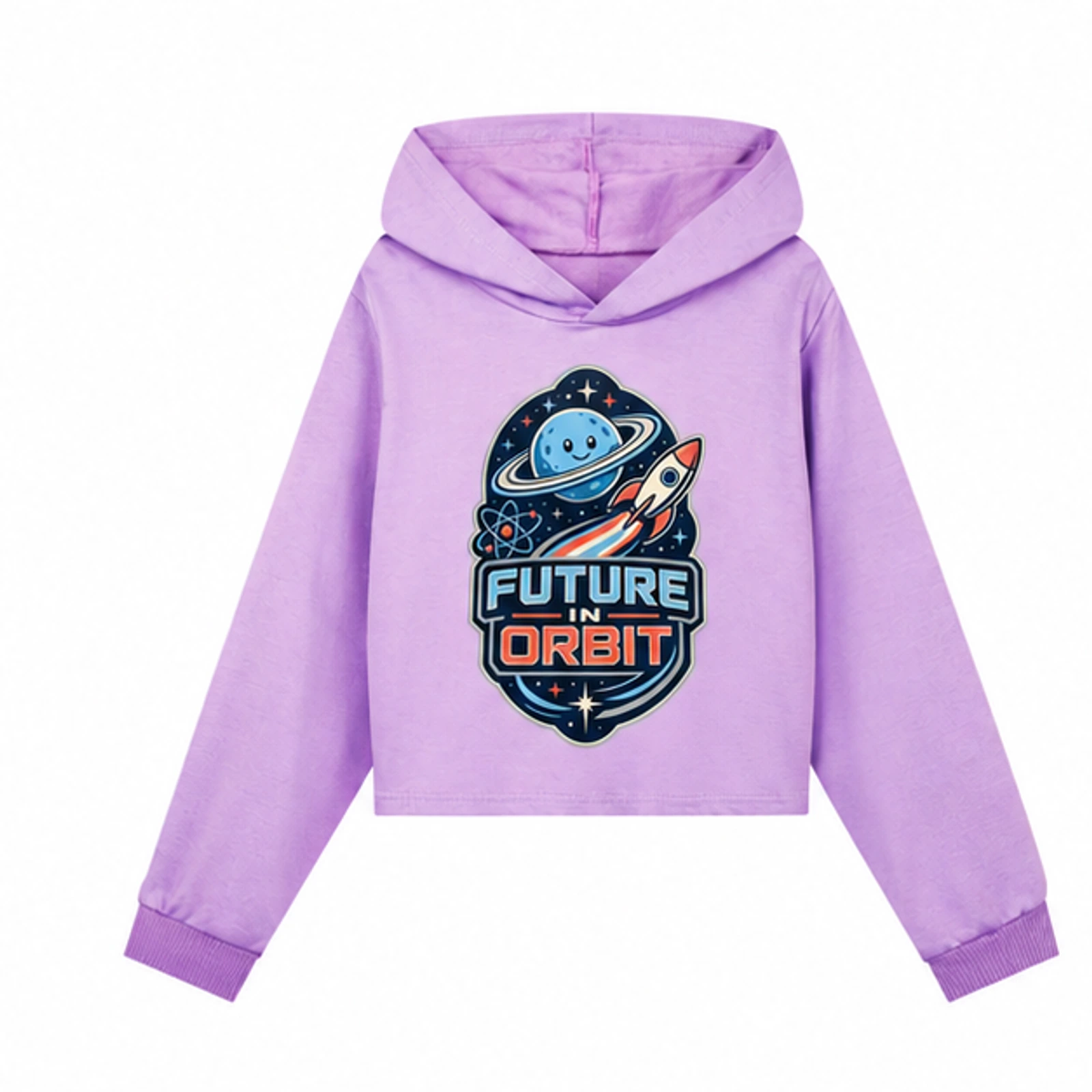 Purple option for Future in Orbit Custom Girls Cropped Hoodie, AI-redrawn from the exact blank product and approved logo reference