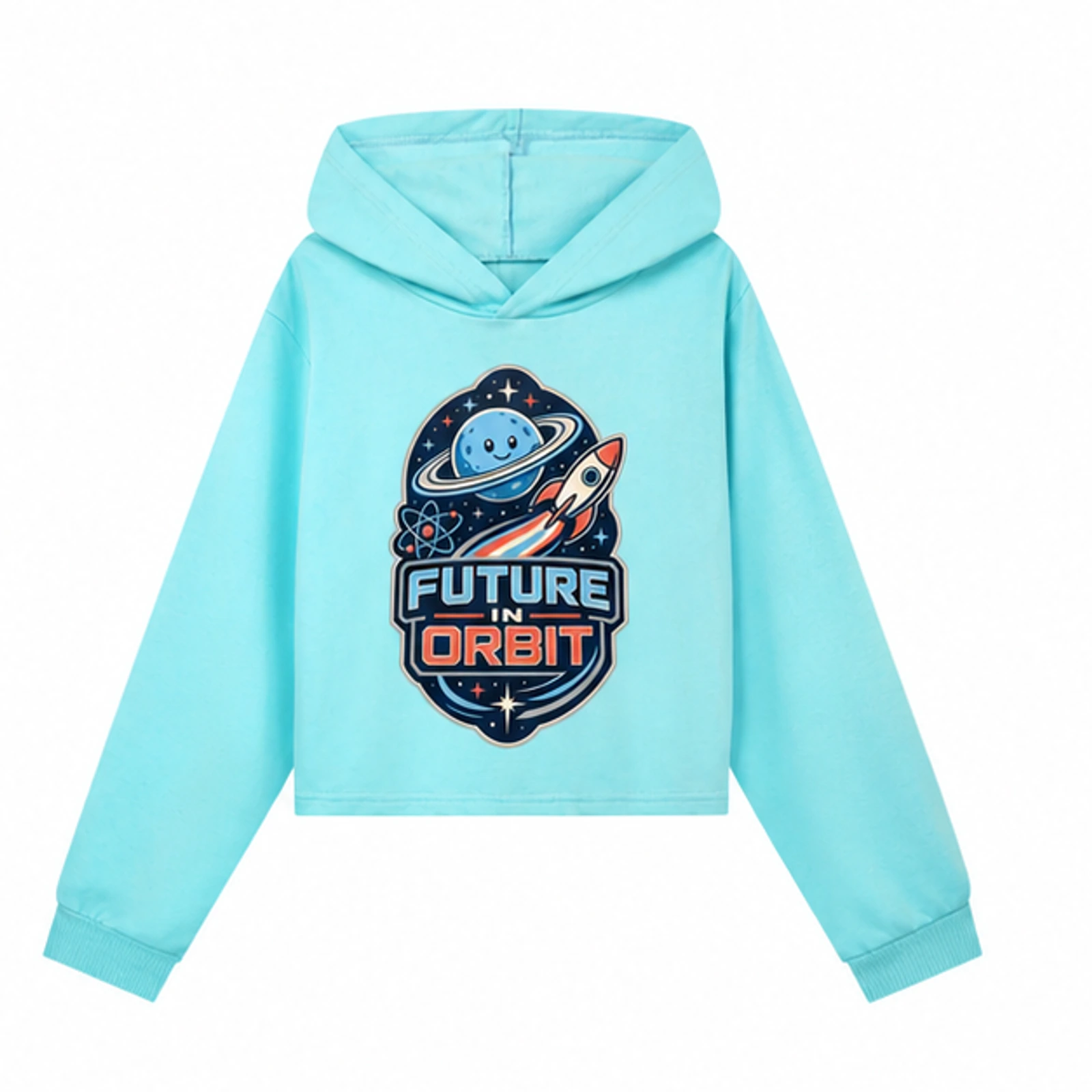 Blue option for Future in Orbit Custom Girls Cropped Hoodie, AI-redrawn from the exact blank product and approved logo reference