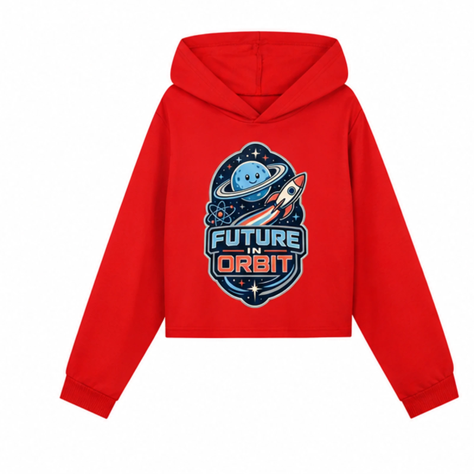Future in Orbit Custom Girls Cropped Hoodie, AI-redrawn from the exact blank product and approved logo reference, alternate clean ecommerce view