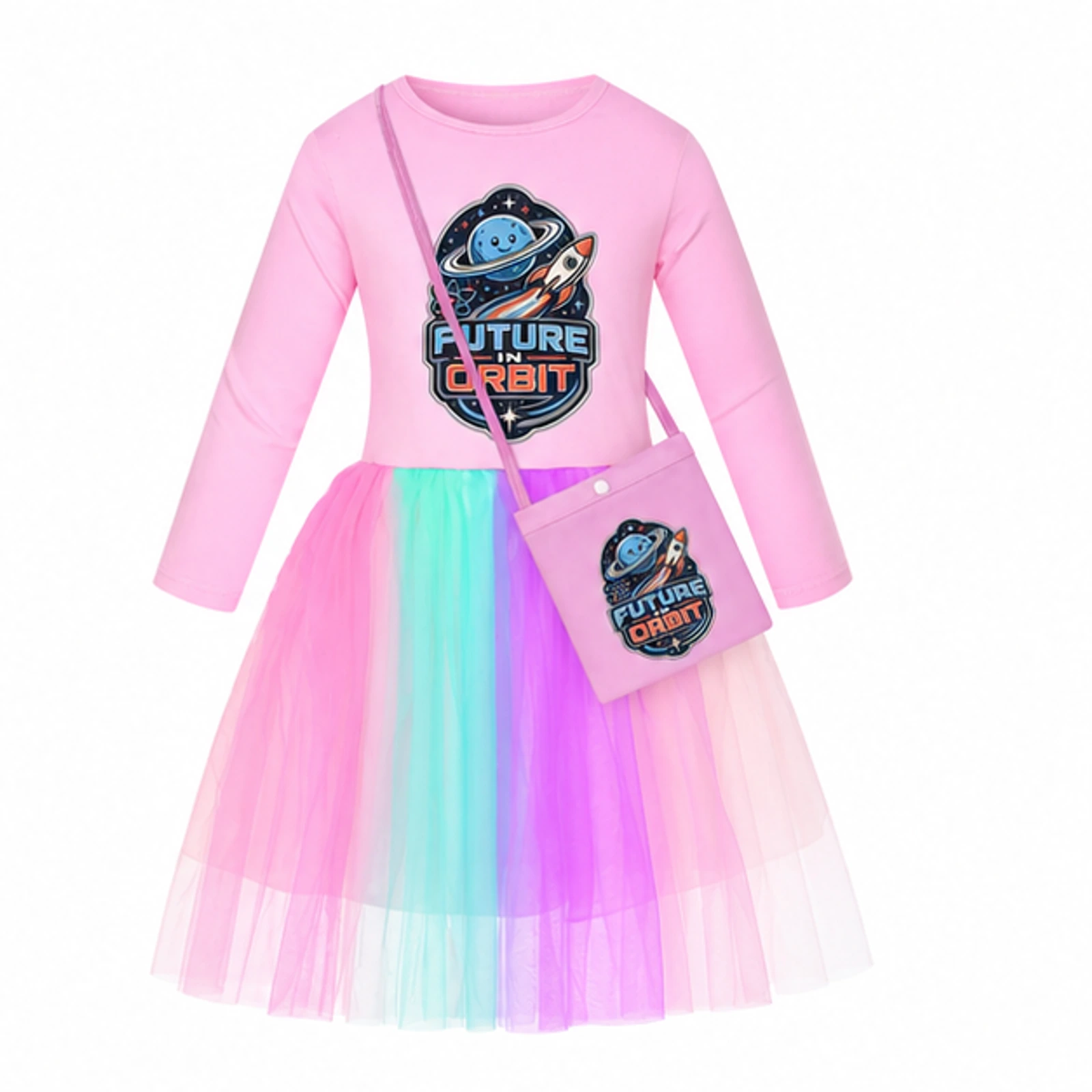 Future in Orbit Custom Girls Long Tulle and Star Skirt Styles with Bag, AI-redrawn from the exact blank product and approved logo reference, alternate approved color view