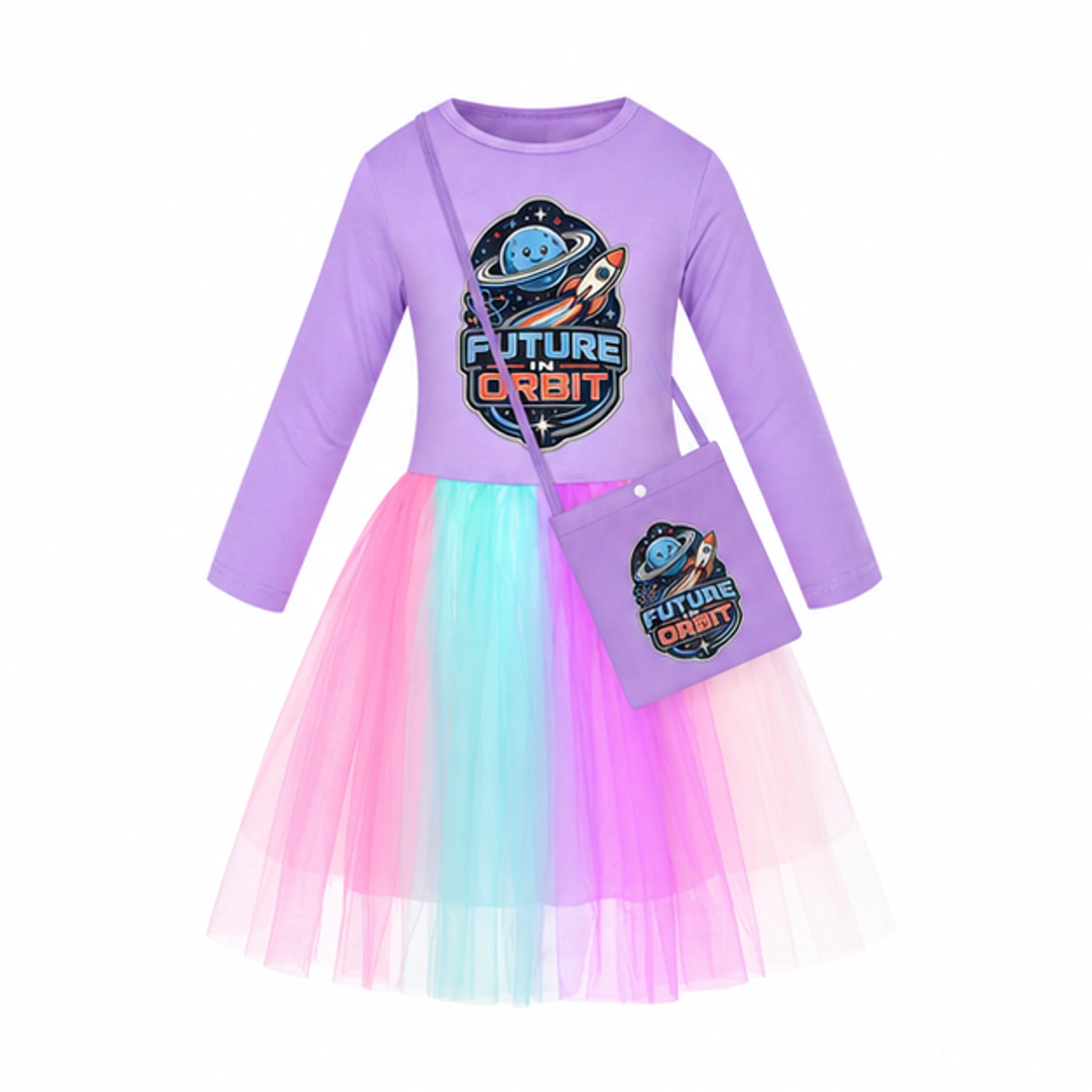 Future in Orbit Custom Girls Long Tulle and Star Skirt Styles with Bag, AI-redrawn from the exact blank product and approved logo reference, alternate clean ecommerce view