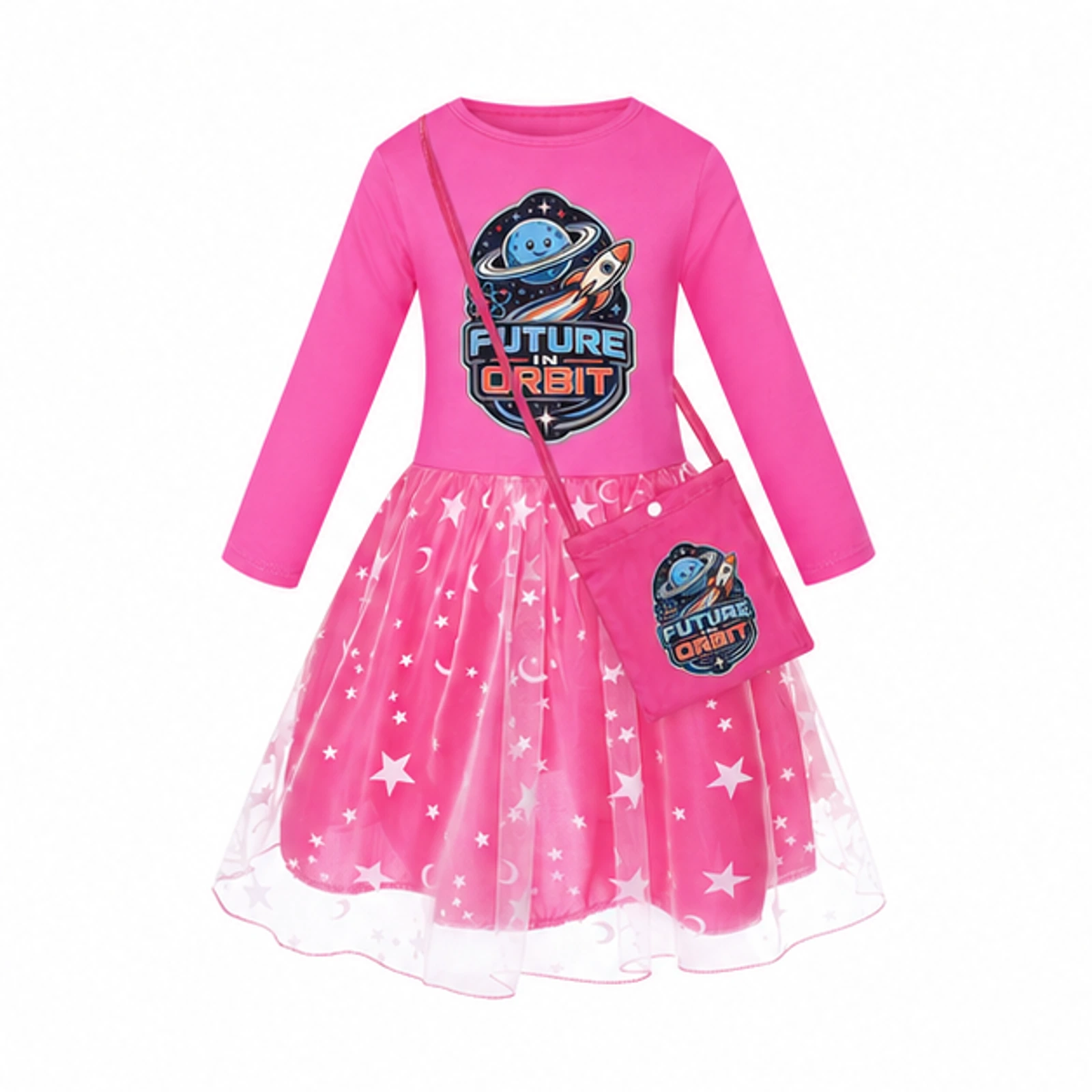 Future in Orbit Custom Girls Long Tulle and Star Skirt Styles with Bag, AI-redrawn from the exact blank product and approved logo reference