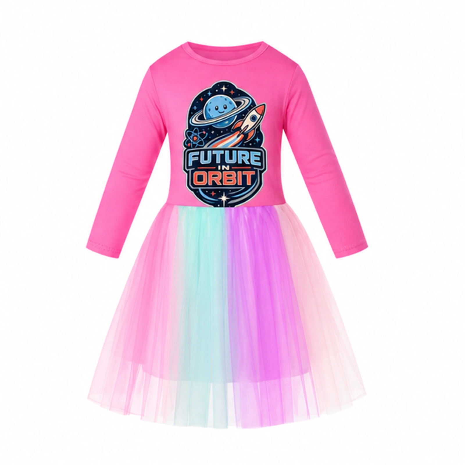 Future in Orbit Custom Girls Long Tulle and Star Skirt Styles, AI-redrawn from the exact blank product and approved logo reference, alternate clean ecommerce view