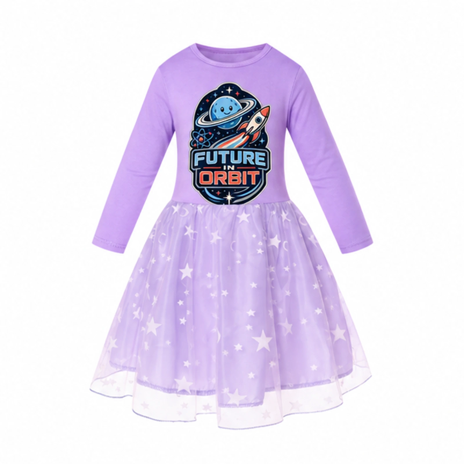 Future in Orbit Custom Girls Long Tulle and Star Skirt Styles, AI-redrawn from the exact blank product and approved logo reference