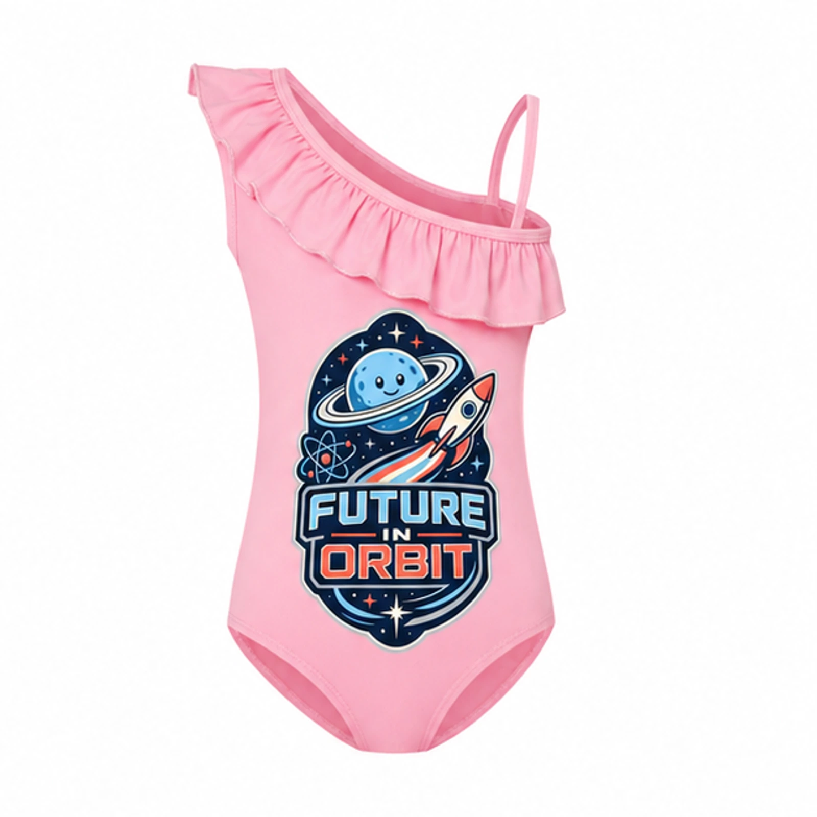 Future in Orbit Custom Girls Asymmetric-Ruffle One-Piece Swimsuit, AI-redrawn from the exact blank product and approved logo reference, alternate approved color view