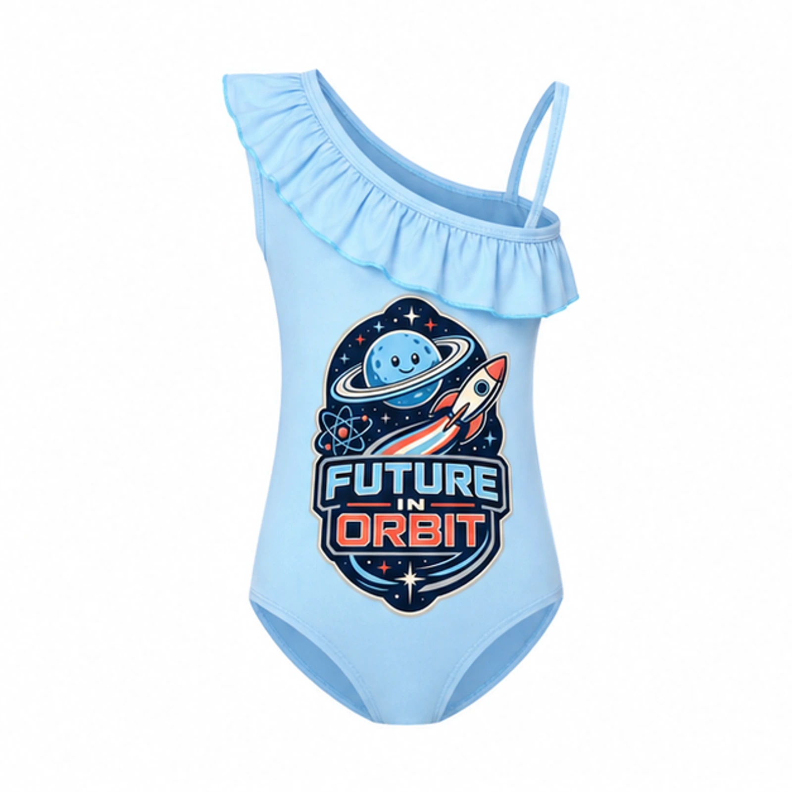 Future in Orbit Custom Girls Asymmetric-Ruffle One-Piece Swimsuit, AI-redrawn from the exact blank product and approved logo reference, alternate clean ecommerce view