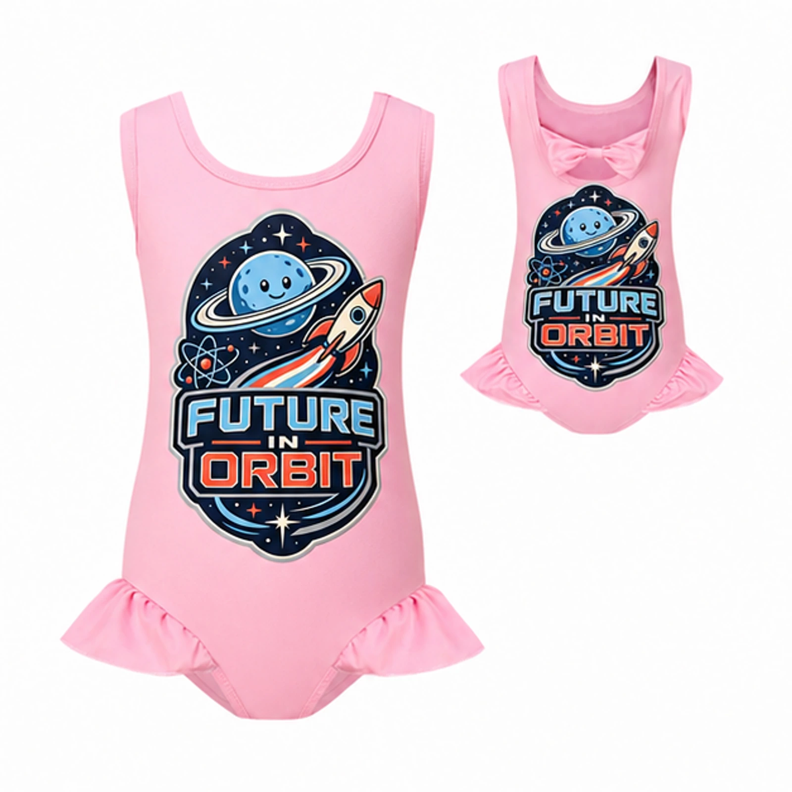 Pink option for Future in Orbit Custom Girls Wide-Strap Bow-Back One-Piece Swimsuit, AI-redrawn from the exact blank product and approved logo reference