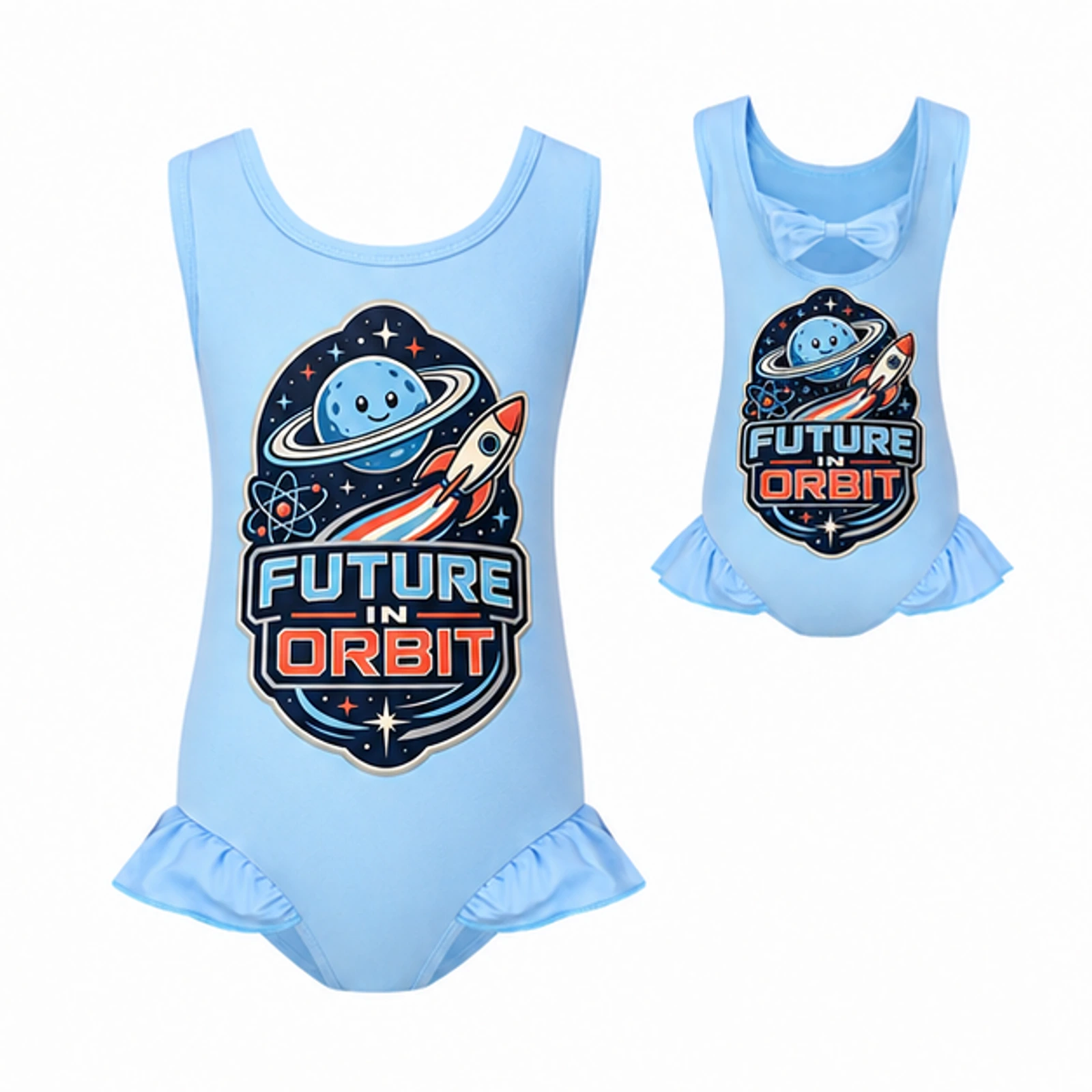 Future in Orbit Custom Girls Wide-Strap Bow-Back One-Piece Swimsuit, AI-redrawn from the exact blank product and approved logo reference, alternate approved color view