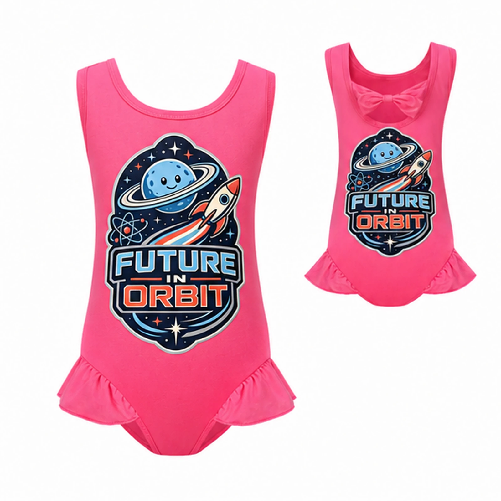 Future in Orbit Custom Girls Wide-Strap Bow-Back One-Piece Swimsuit, AI-redrawn from the exact blank product and approved logo reference, alternate clean ecommerce view