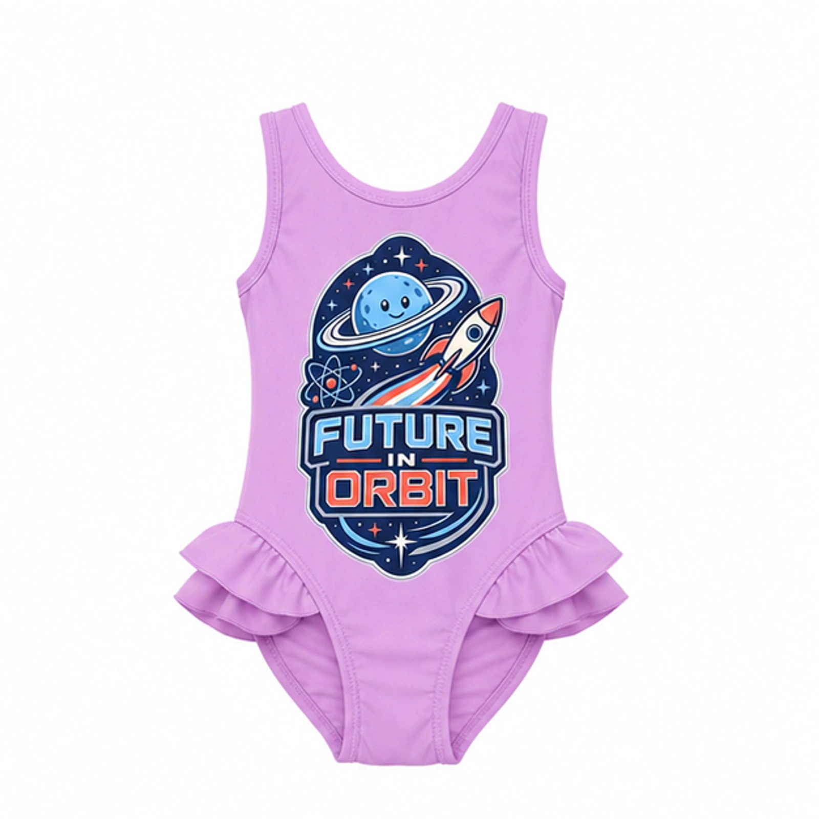 Future in Orbit Custom Girls Ruffle-Hem One-Piece Swimsuit, AI-redrawn from the exact blank product and approved logo reference, alternate approved color view