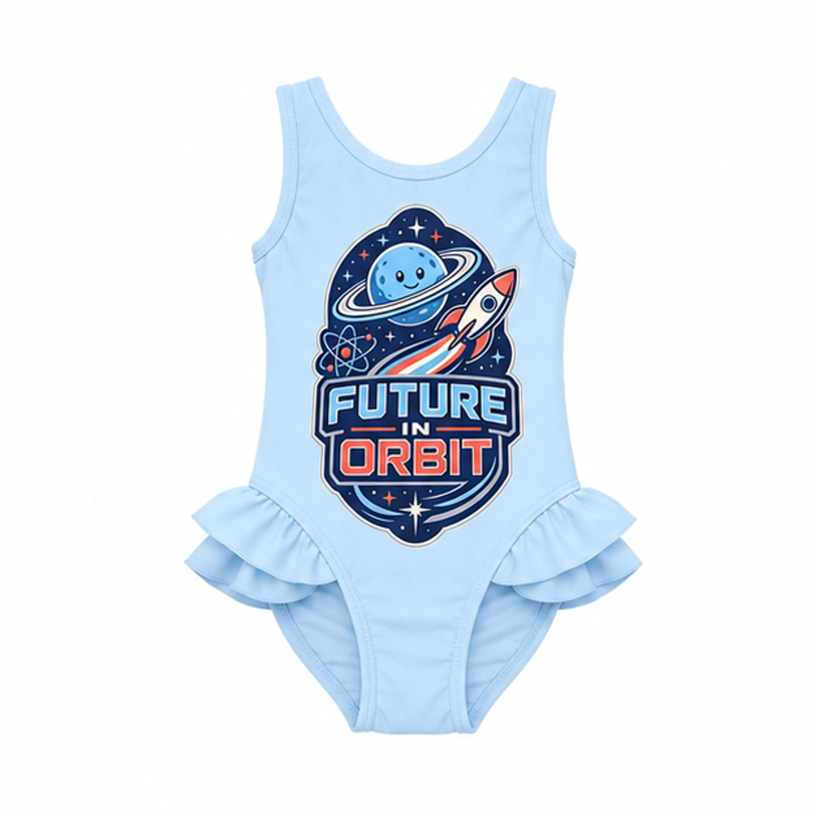 Future in Orbit Custom Girls Ruffle-Hem One-Piece Swimsuit, AI-redrawn from the exact blank product and approved logo reference, alternate clean ecommerce view