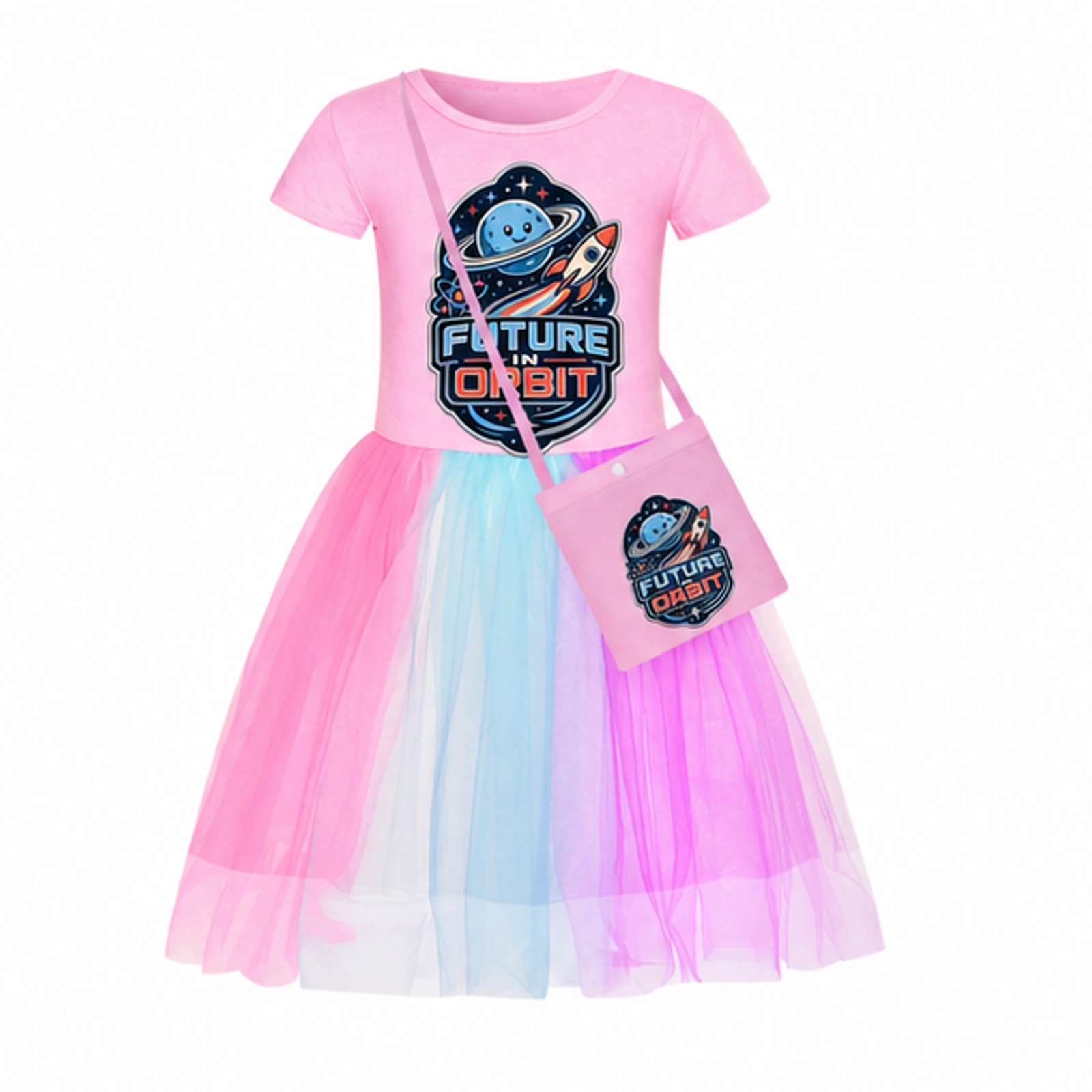 Future in Orbit Custom Girls Short Skirt Styles with Bag, AI-redrawn from the exact blank product and approved logo reference, alternate approved color view
