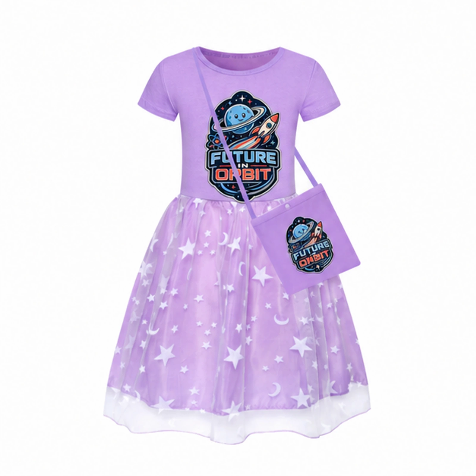 Future in Orbit Custom Girls Short Skirt Styles with Bag, AI-redrawn from the exact blank product and approved logo reference, alternate clean ecommerce view