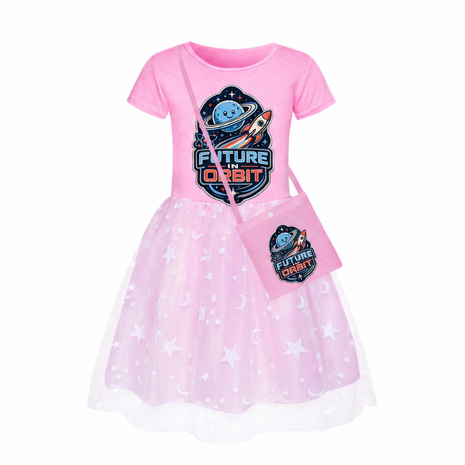 Future in Orbit Custom Girls Short Skirt Styles with Bag, AI-redrawn from the exact blank product and approved logo reference