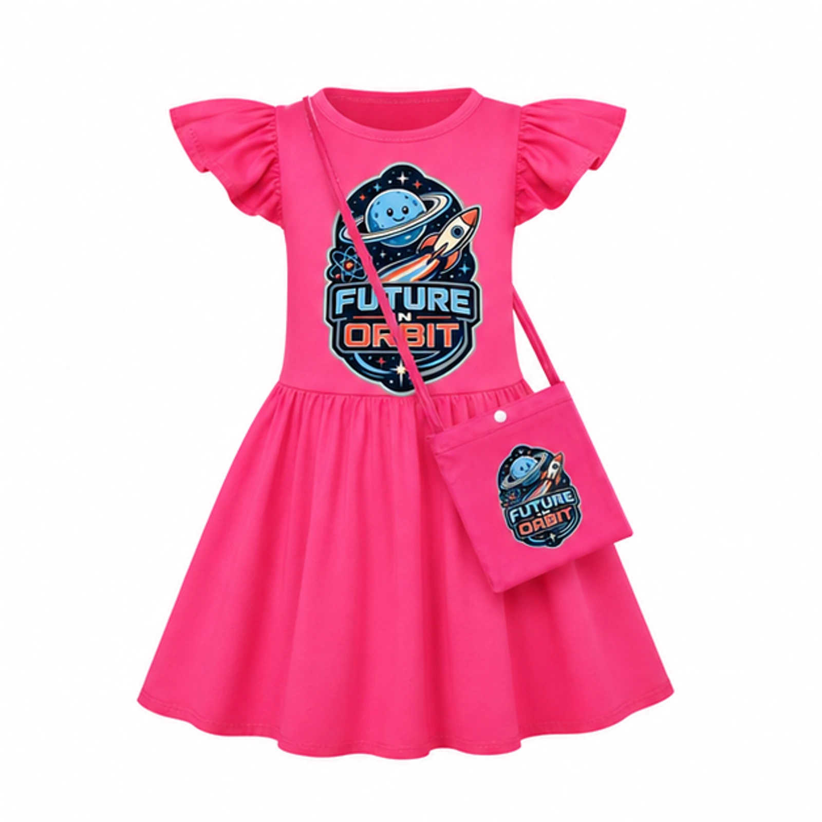Rose Red · with Bag option for Future in Orbit Custom Girls Short-Sleeve Sleep Dress with Crossbody Bag, AI-redrawn from the exact blank product and approved logo reference