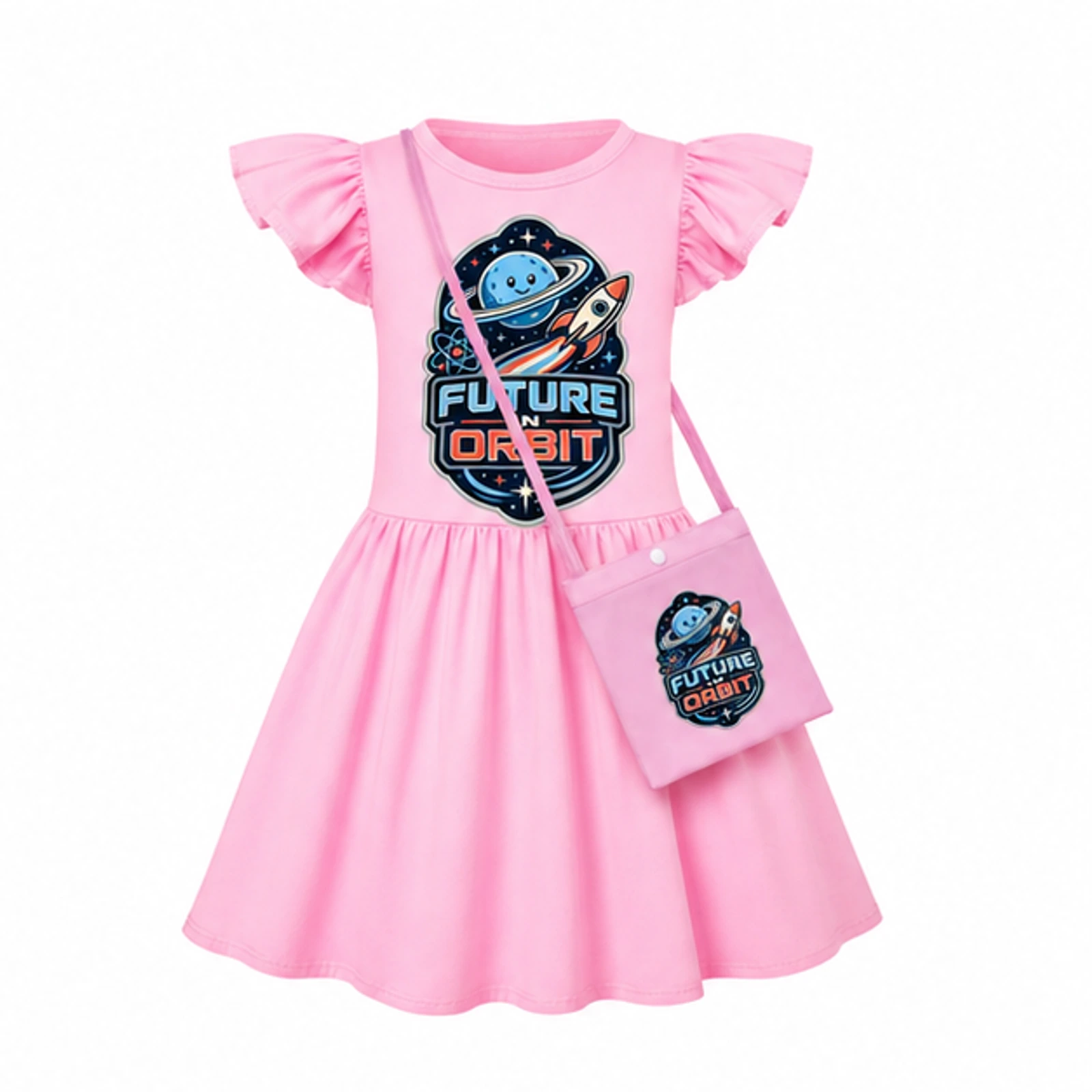 Pink · with Bag option for Future in Orbit Custom Girls Short-Sleeve Sleep Dress with Crossbody Bag, AI-redrawn from the exact blank product and approved logo reference
