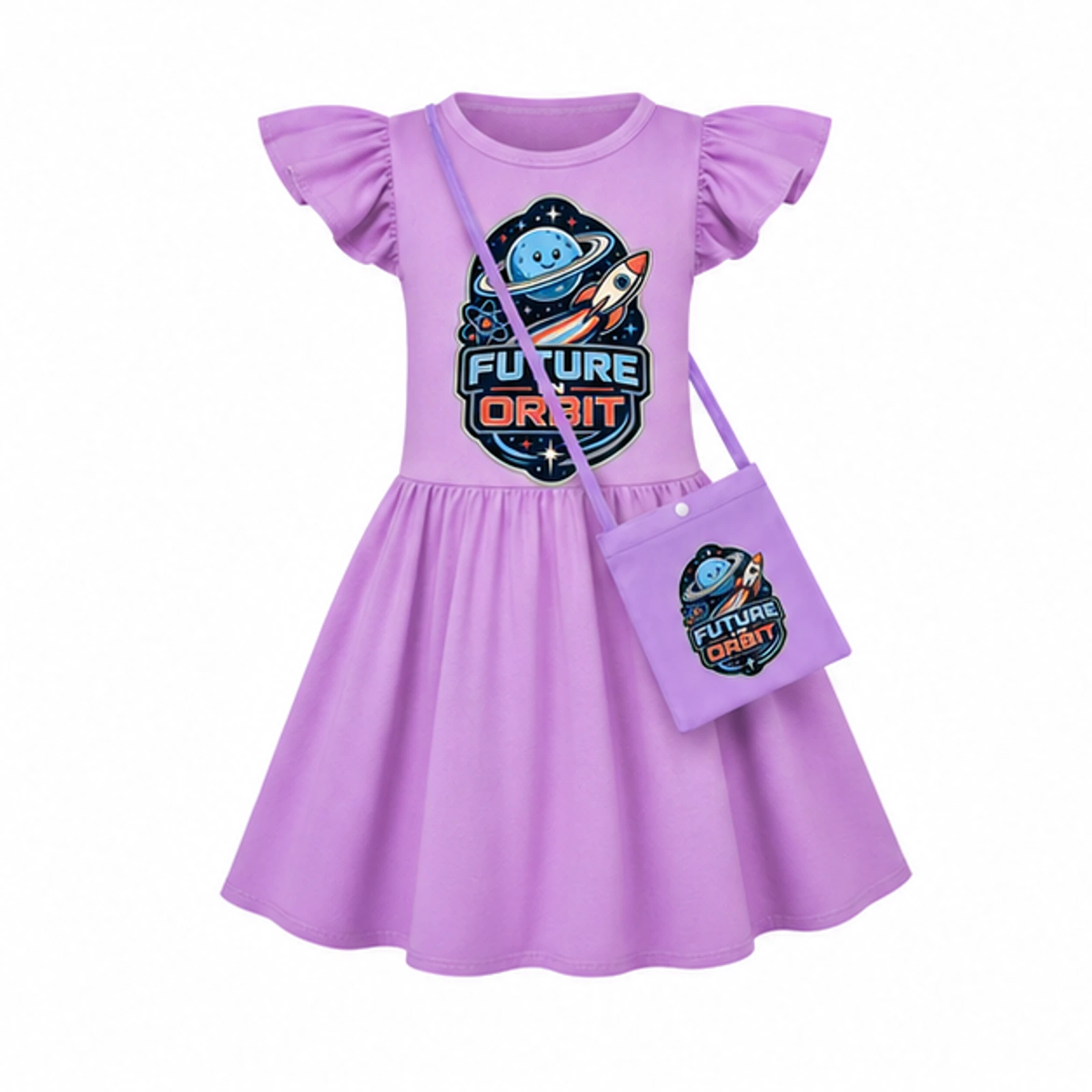 Future in Orbit Custom Girls Short-Sleeve Sleep Dress with Crossbody Bag, AI-redrawn from the exact blank product and approved logo reference, alternate clean ecommerce view