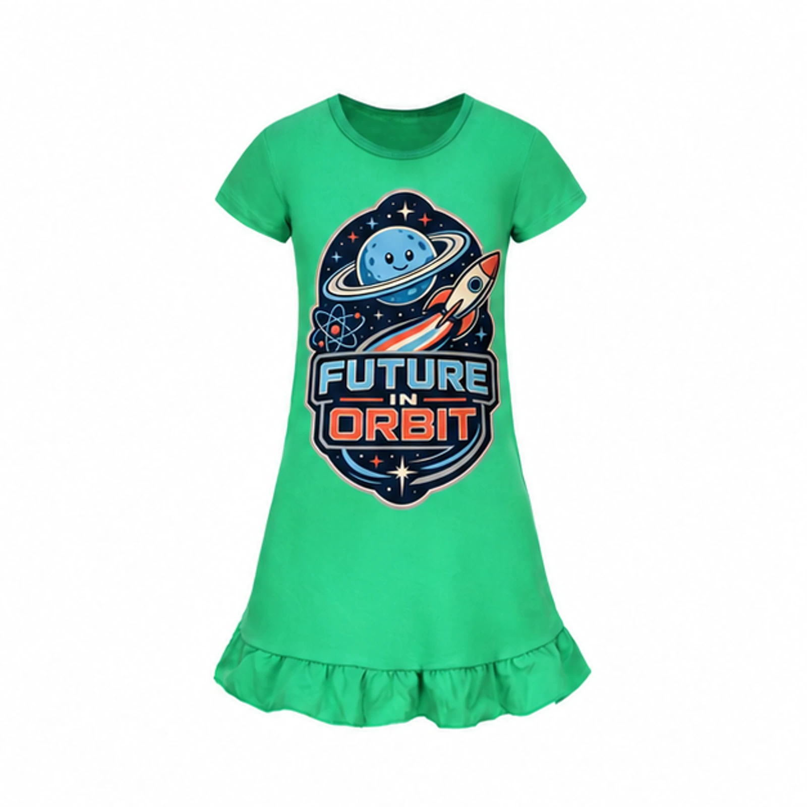 Future in Orbit Custom Girls Short-Sleeve Sleep Dress, AI-redrawn from the exact blank product and approved logo reference, alternate approved color view