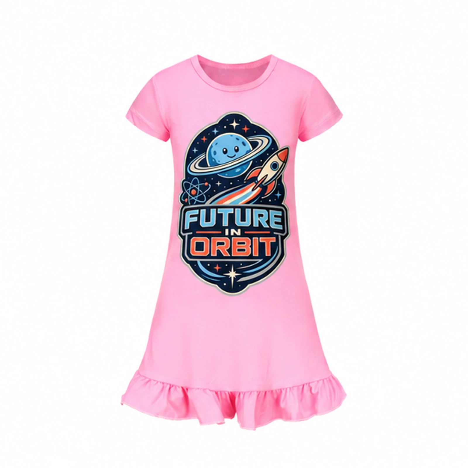 Future in Orbit Custom Girls Short-Sleeve Sleep Dress, AI-redrawn from the exact blank product and approved logo reference, alternate clean ecommerce view