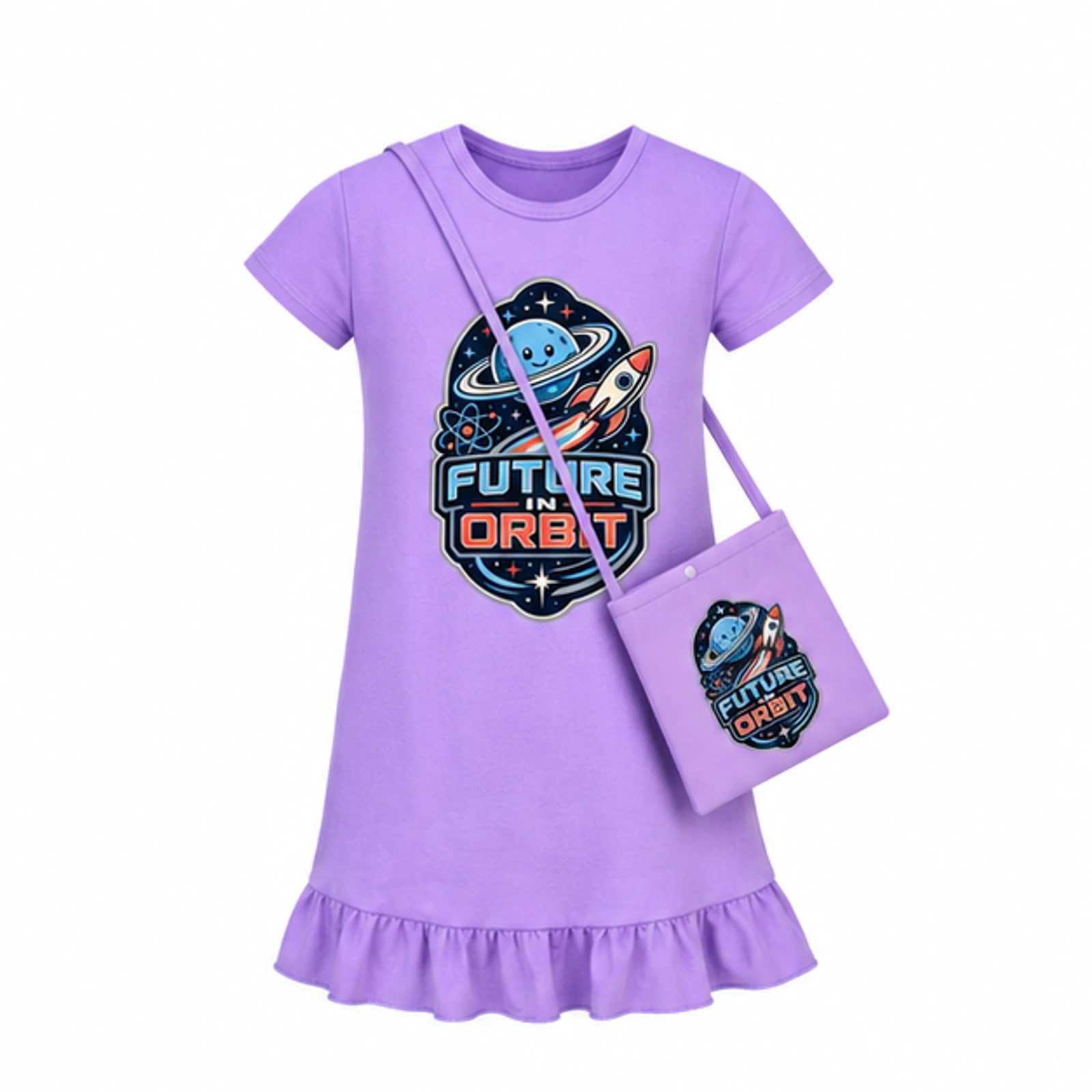 Future in Orbit Custom Girls Short-Sleeve Sleep Dress with Matching Bag, AI-redrawn from the exact blank product and approved logo reference, alternate approved color view
