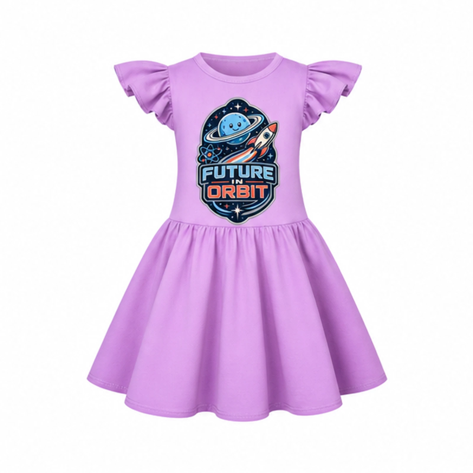 Future in Orbit Custom Girls Short-Sleeve Sleep Dress with Matching Bag, AI-redrawn from the exact blank product and approved logo reference, alternate clean ecommerce view