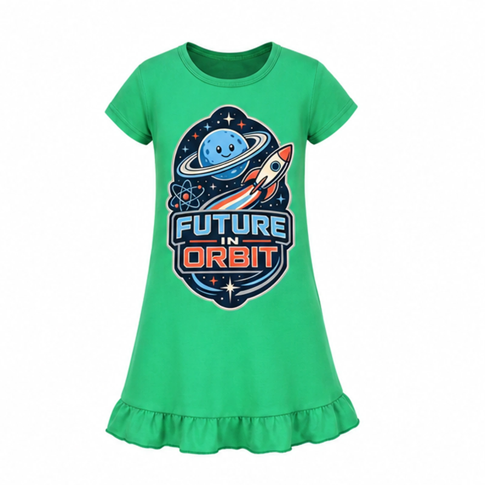 Green option for Future in Orbit Custom Girls Short-Sleeve Sleep Dress, AI-redrawn from the exact blank product and approved logo reference
