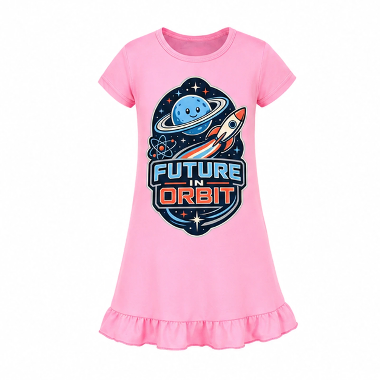 Future in Orbit Custom Girls Short-Sleeve Sleep Dress, AI-redrawn from the exact blank product and approved logo reference, alternate clean ecommerce view