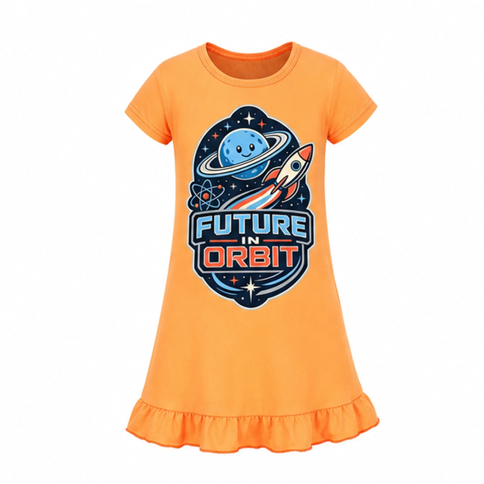 Future in Orbit Custom Girls Short-Sleeve Sleep Dress, AI-redrawn from the exact blank product and approved logo reference