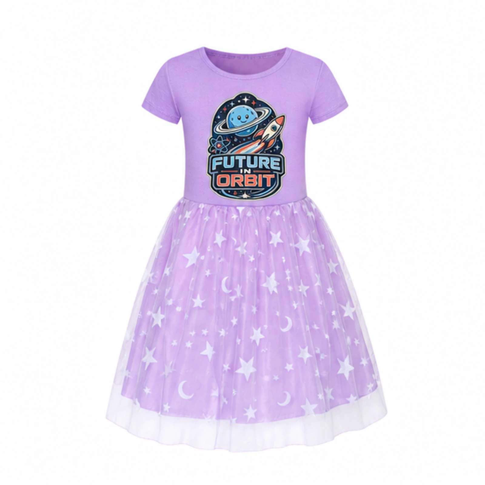 Future in Orbit Custom Girls Short Tulle and Classic Skirt Styles, AI-redrawn from the exact blank product and approved logo reference, alternate clean ecommerce view