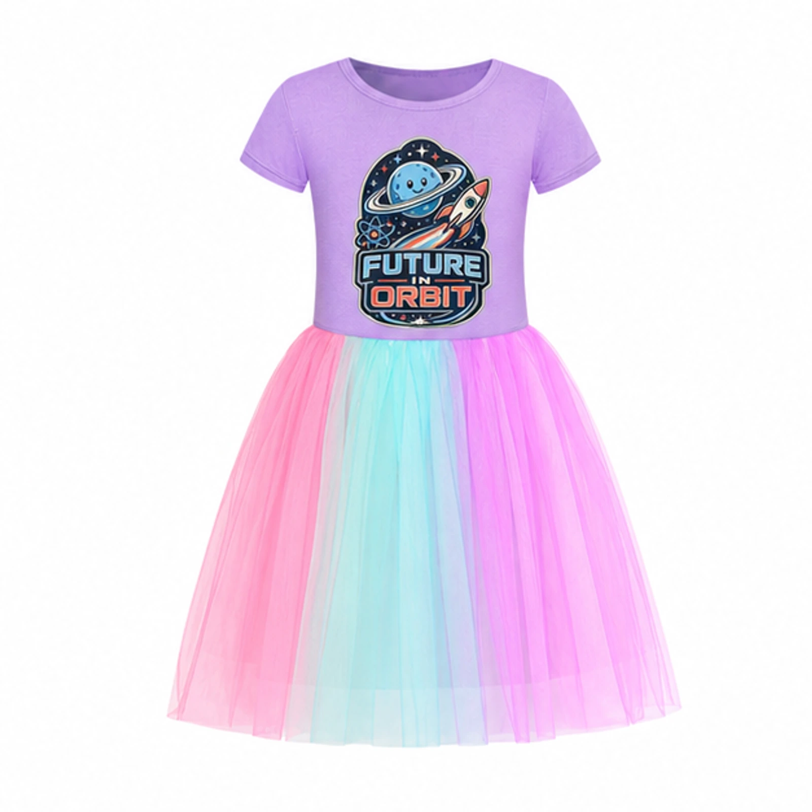 Future in Orbit Custom Girls Short Tulle and Classic Skirt Styles, AI-redrawn from the exact blank product and approved logo reference