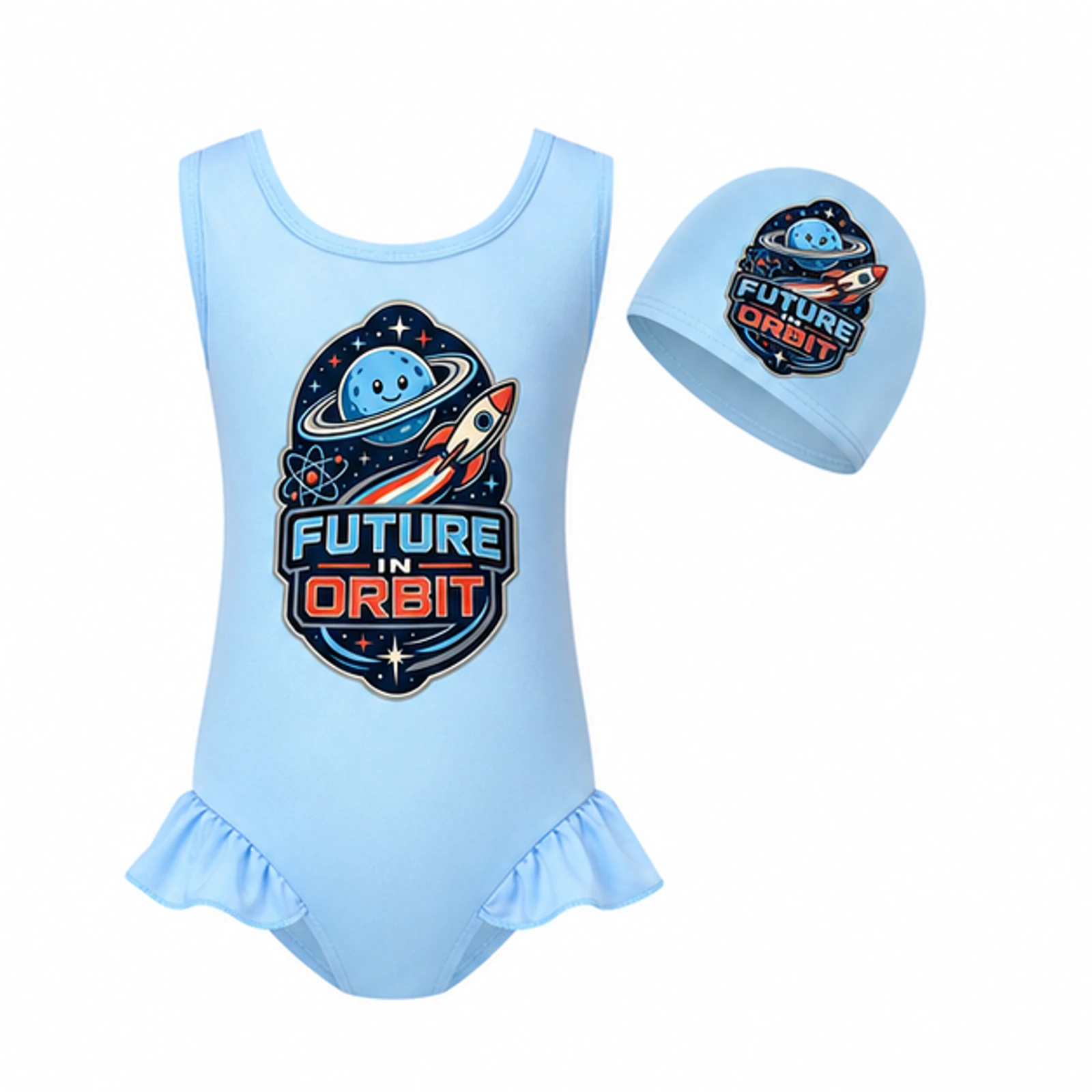 Light Blue · Set option for Future in Orbit Custom Girls Wide-Strap Swimsuit and Cap Set, AI-redrawn from the exact blank product and approved logo reference