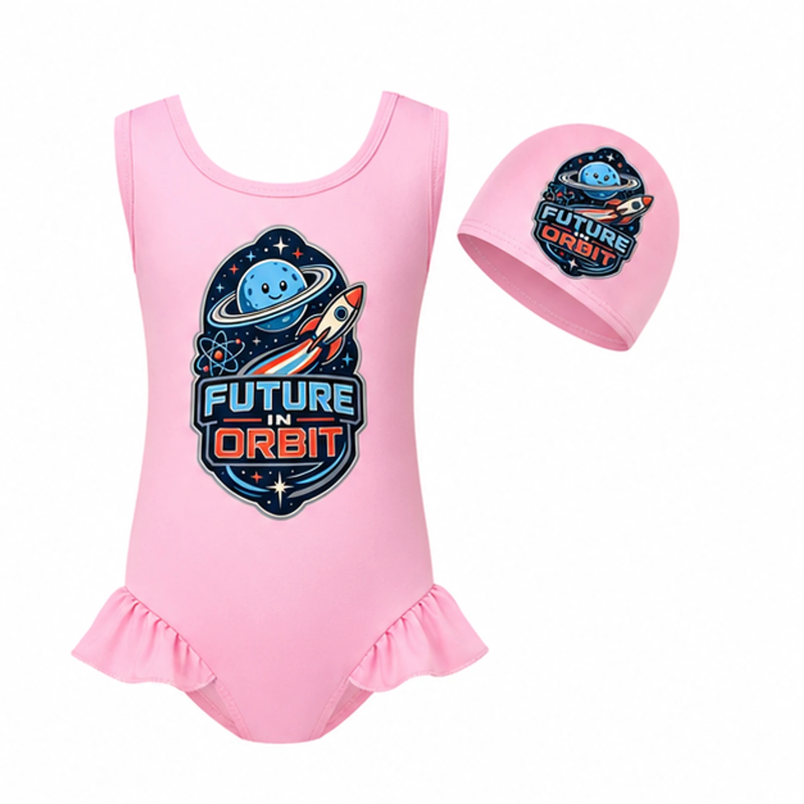 Future in Orbit Custom Girls Wide-Strap Swimsuit and Cap Set, AI-redrawn from the exact blank product and approved logo reference, alternate approved color view