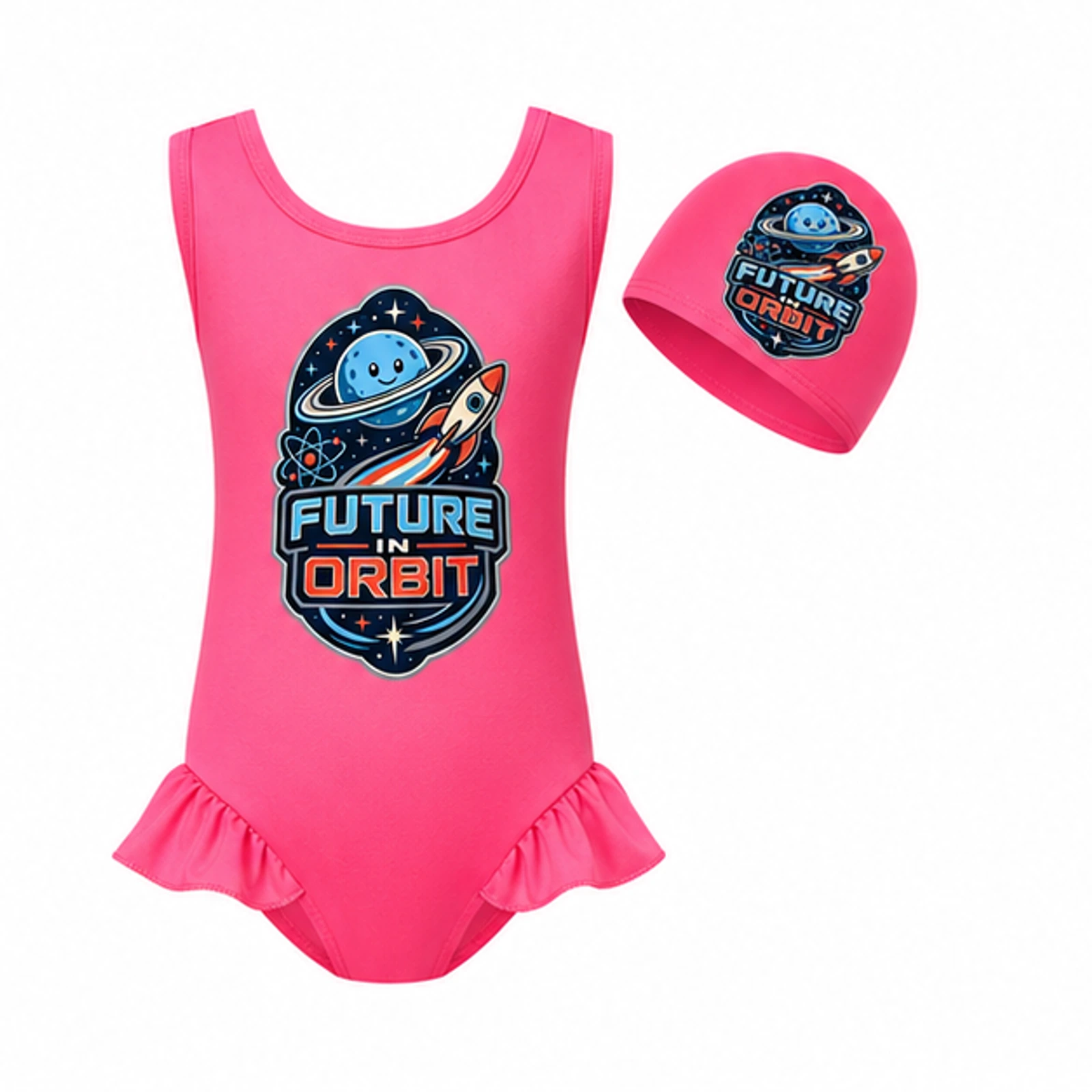 Future in Orbit Custom Girls Wide-Strap Swimsuit and Cap Set, AI-redrawn from the exact blank product and approved logo reference, alternate clean ecommerce view