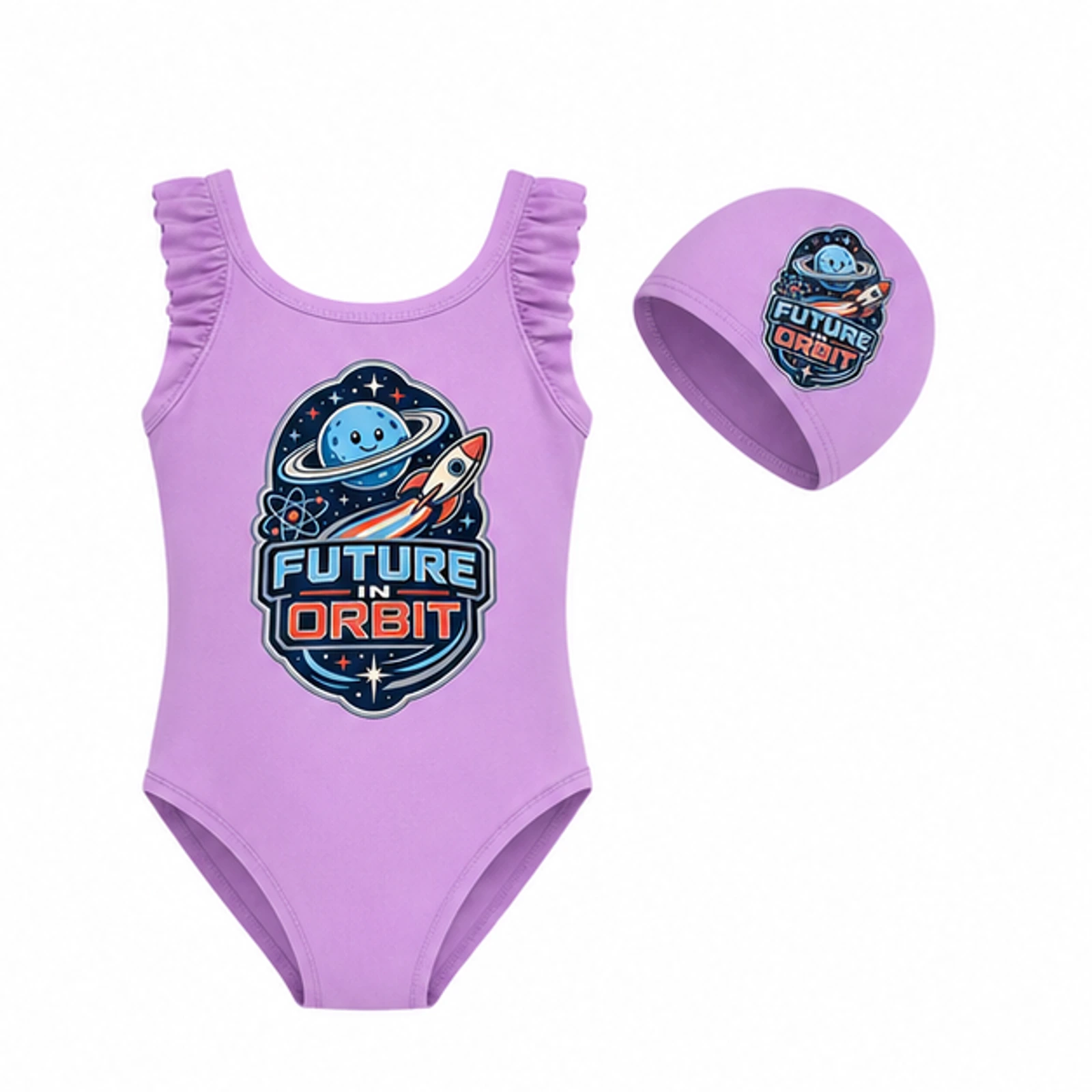Purple · Set option for Future in Orbit Custom Girls Ruffle Swimsuit and Cap Set, AI-redrawn from the exact blank product and approved logo reference