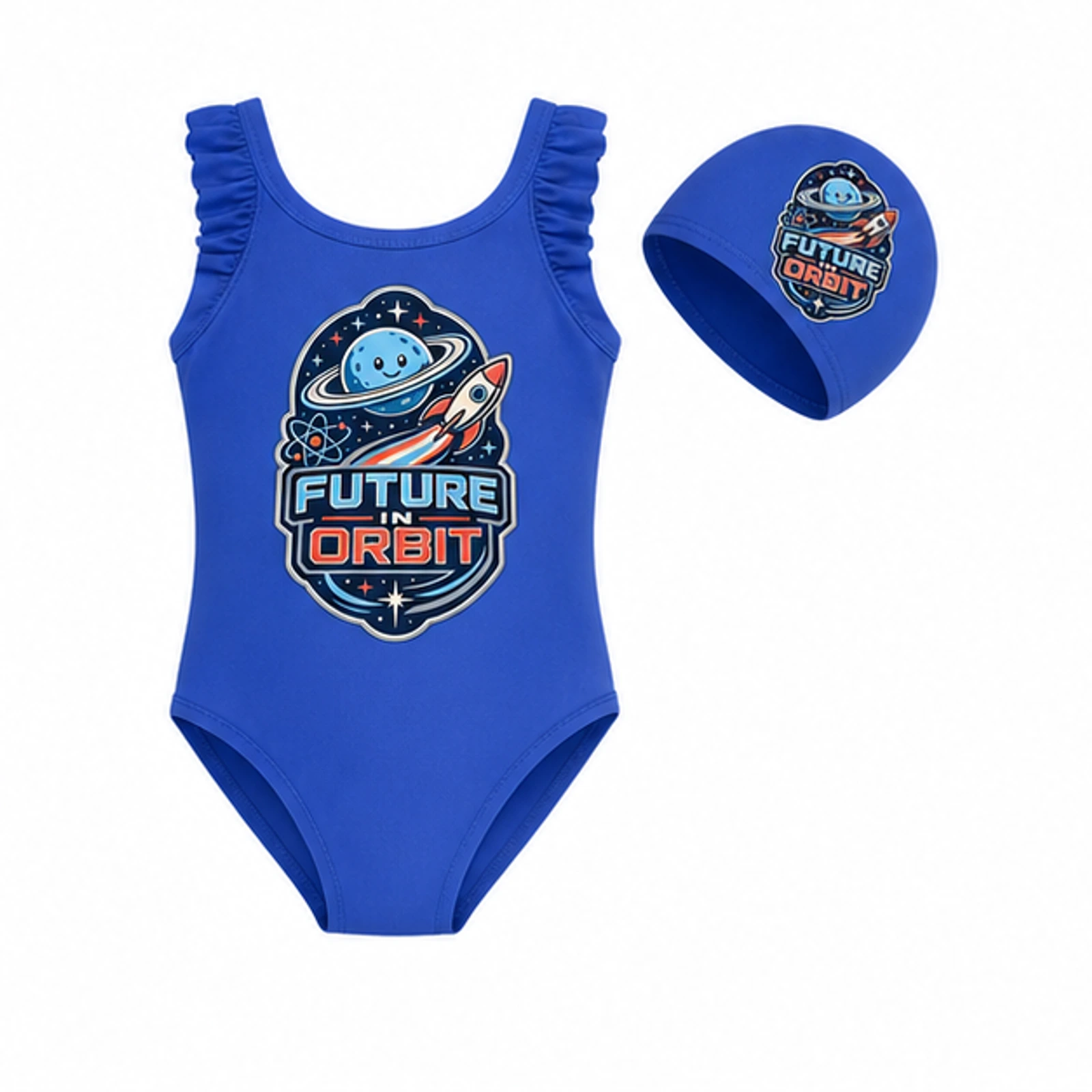 Future in Orbit Custom Girls Ruffle Swimsuit and Cap Set, AI-redrawn from the exact blank product and approved logo reference, alternate clean ecommerce view