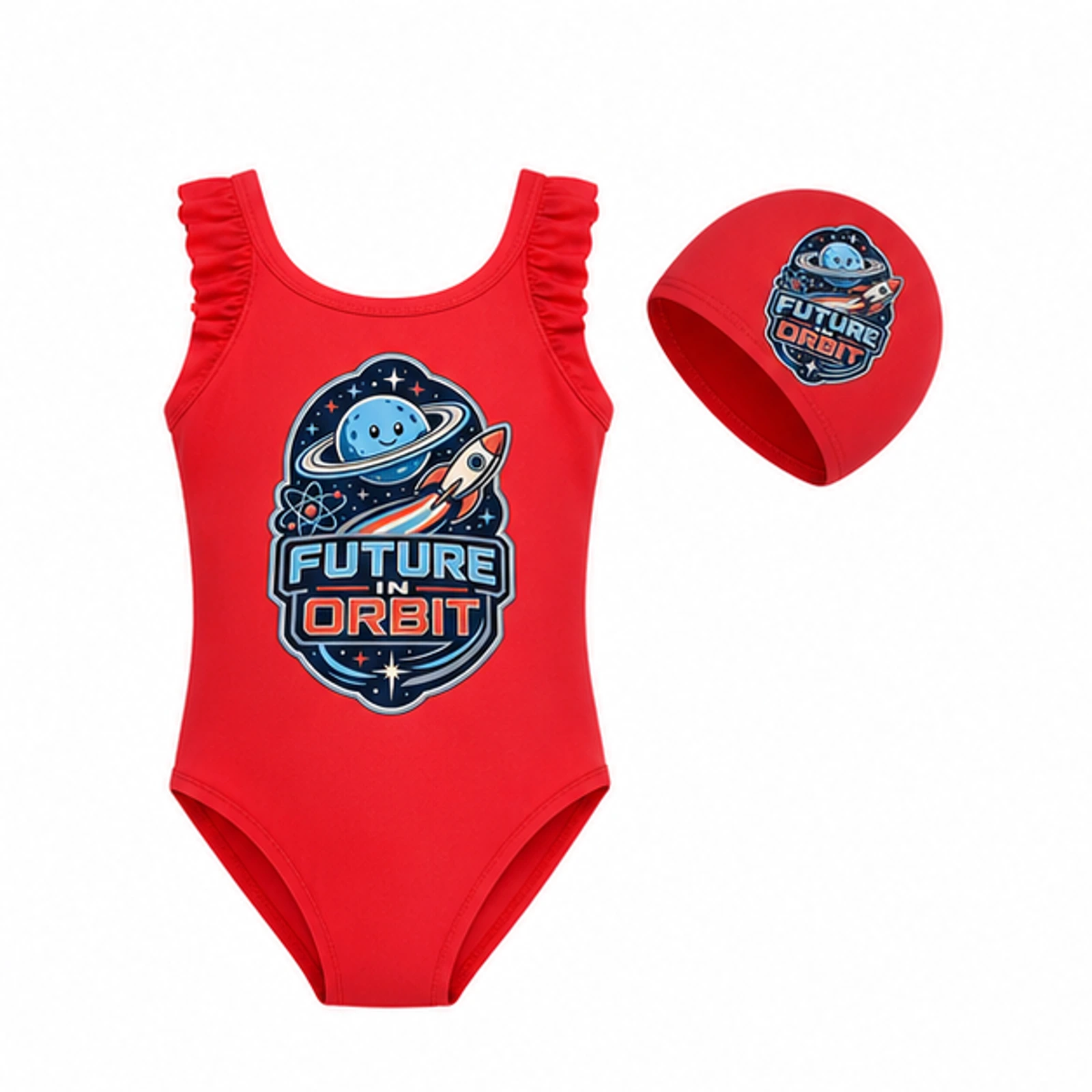 Future in Orbit Custom Girls Ruffle Swimsuit and Cap Set, AI-redrawn from the exact blank product and approved logo reference