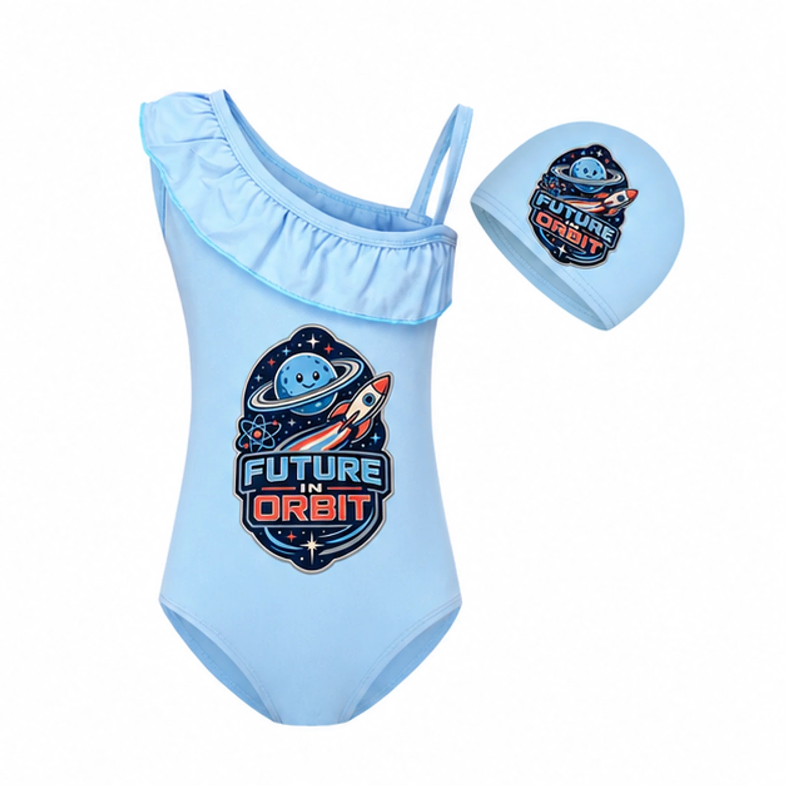 Light Blue · Set option for Future in Orbit Custom Girls Asymmetric-Ruffle Swimsuit and Cap Set, AI-redrawn from the exact blank product and approved logo reference