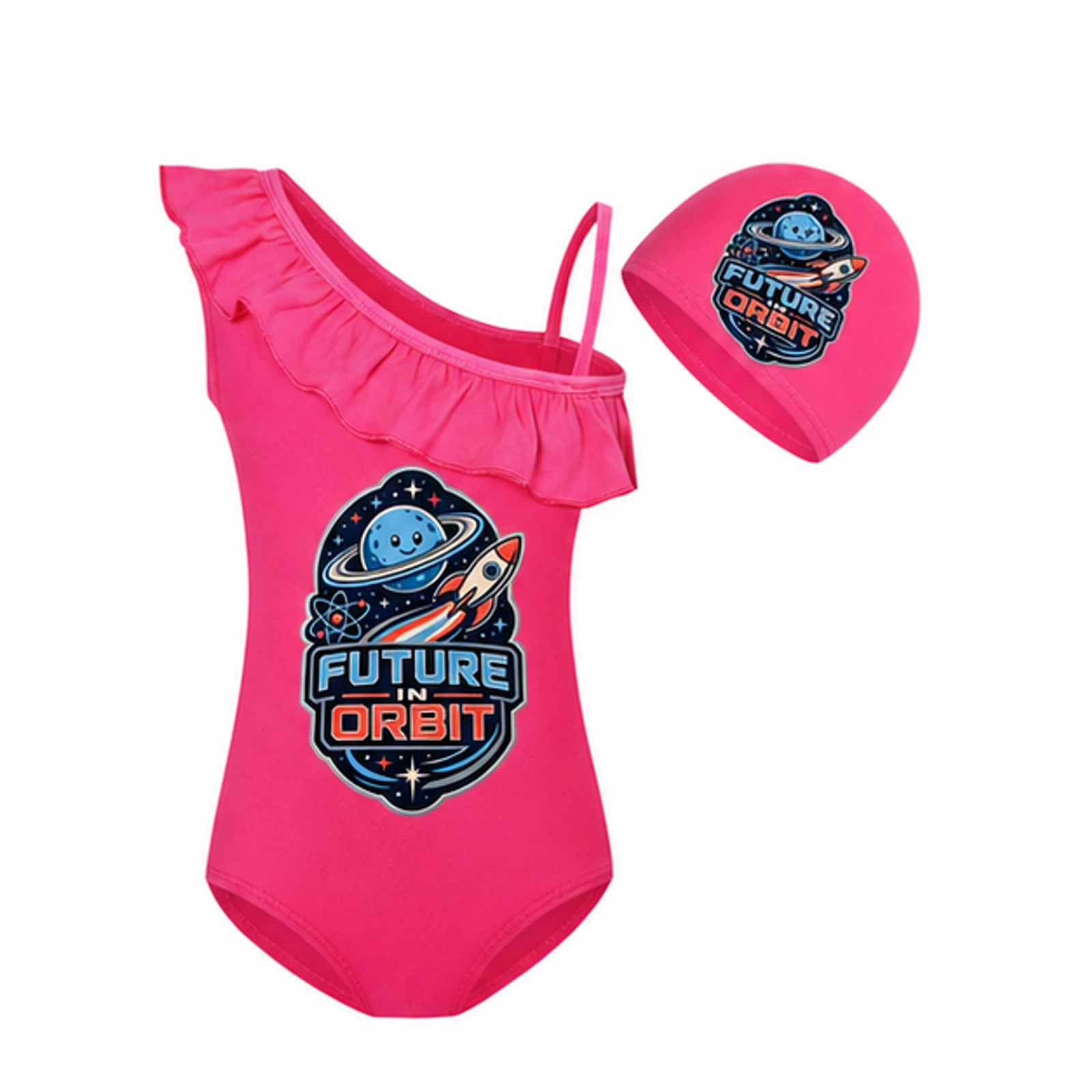 Future in Orbit Custom Girls Asymmetric-Ruffle Swimsuit and Cap Set, AI-redrawn from the exact blank product and approved logo reference, alternate clean ecommerce view
