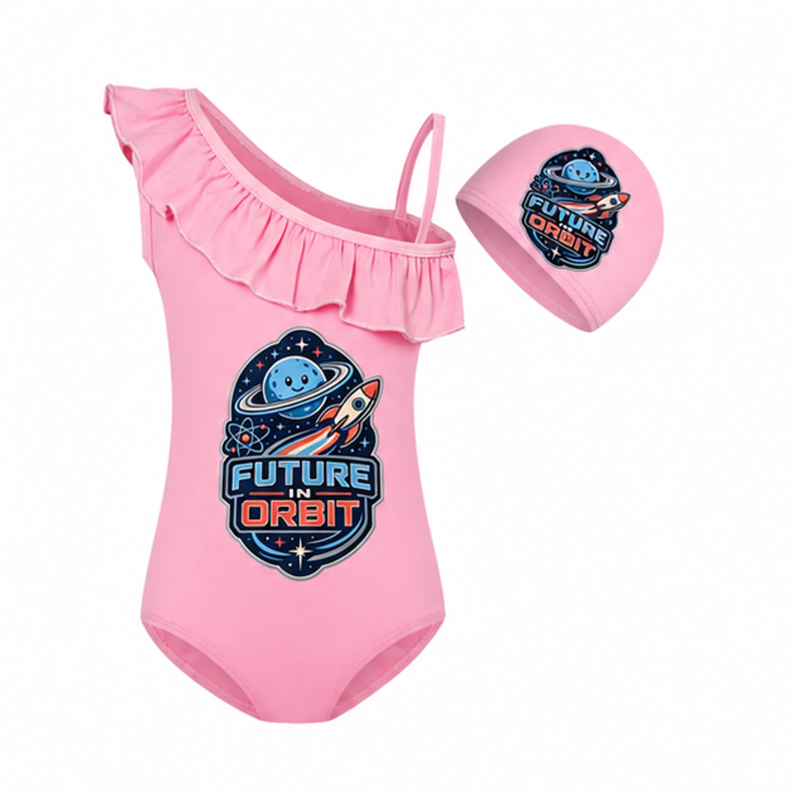 Future in Orbit Custom Girls Asymmetric-Ruffle Swimsuit and Cap Set, AI-redrawn from the exact blank product and approved logo reference