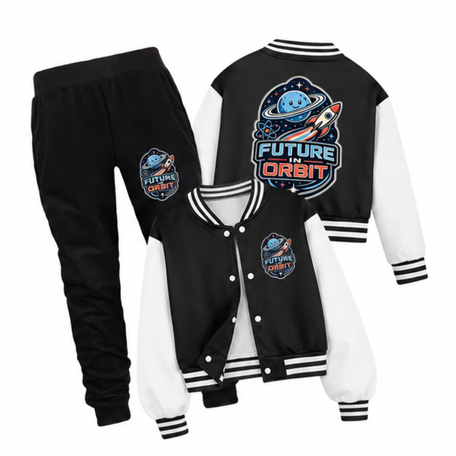 Future in Orbit Custom Kids Baseball Jacket and Pants Set, AI-redrawn from the exact blank product and approved logo reference, alternate approved color view