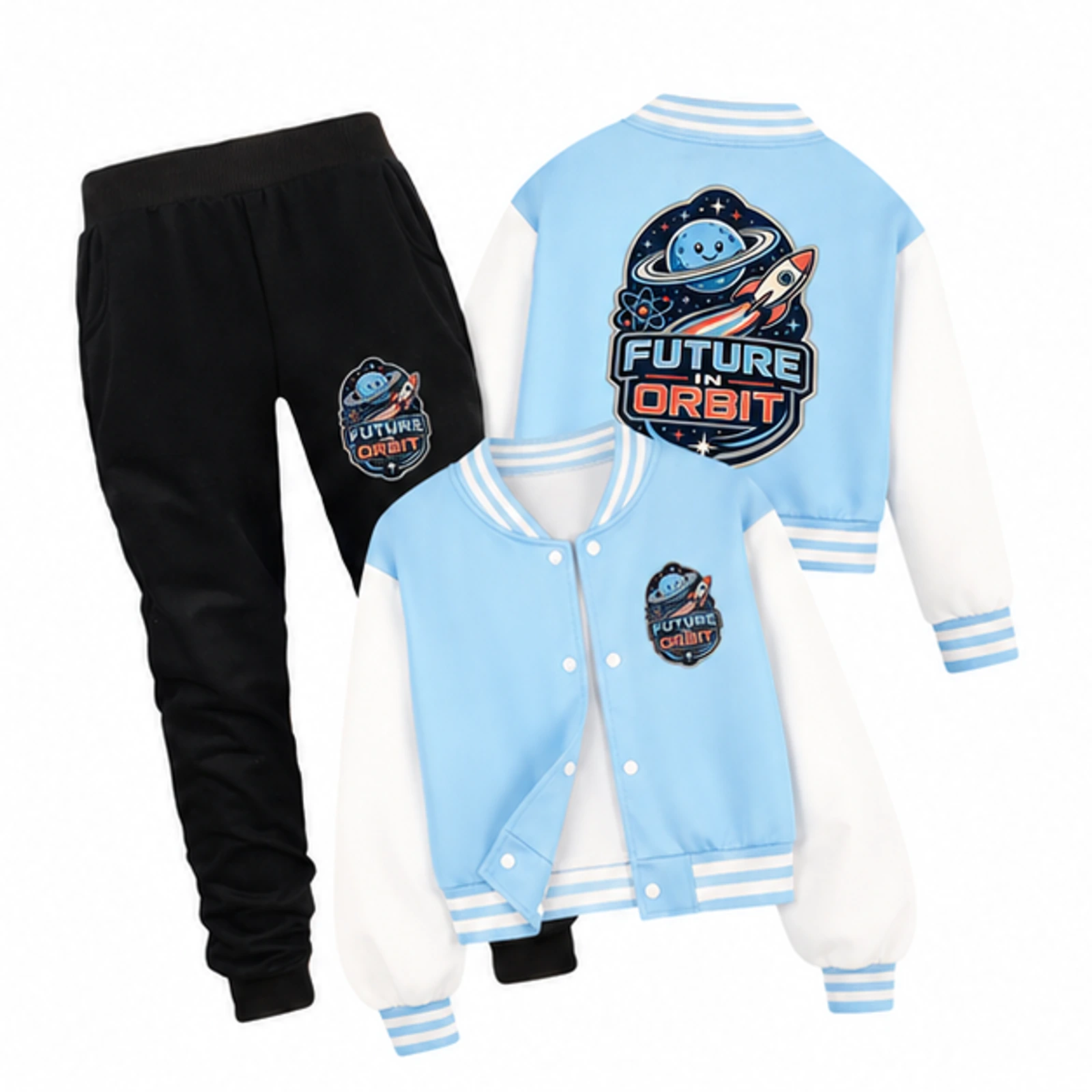 Future in Orbit Custom Kids Baseball Jacket and Pants Set, AI-redrawn from the exact blank product and approved logo reference, alternate clean ecommerce view