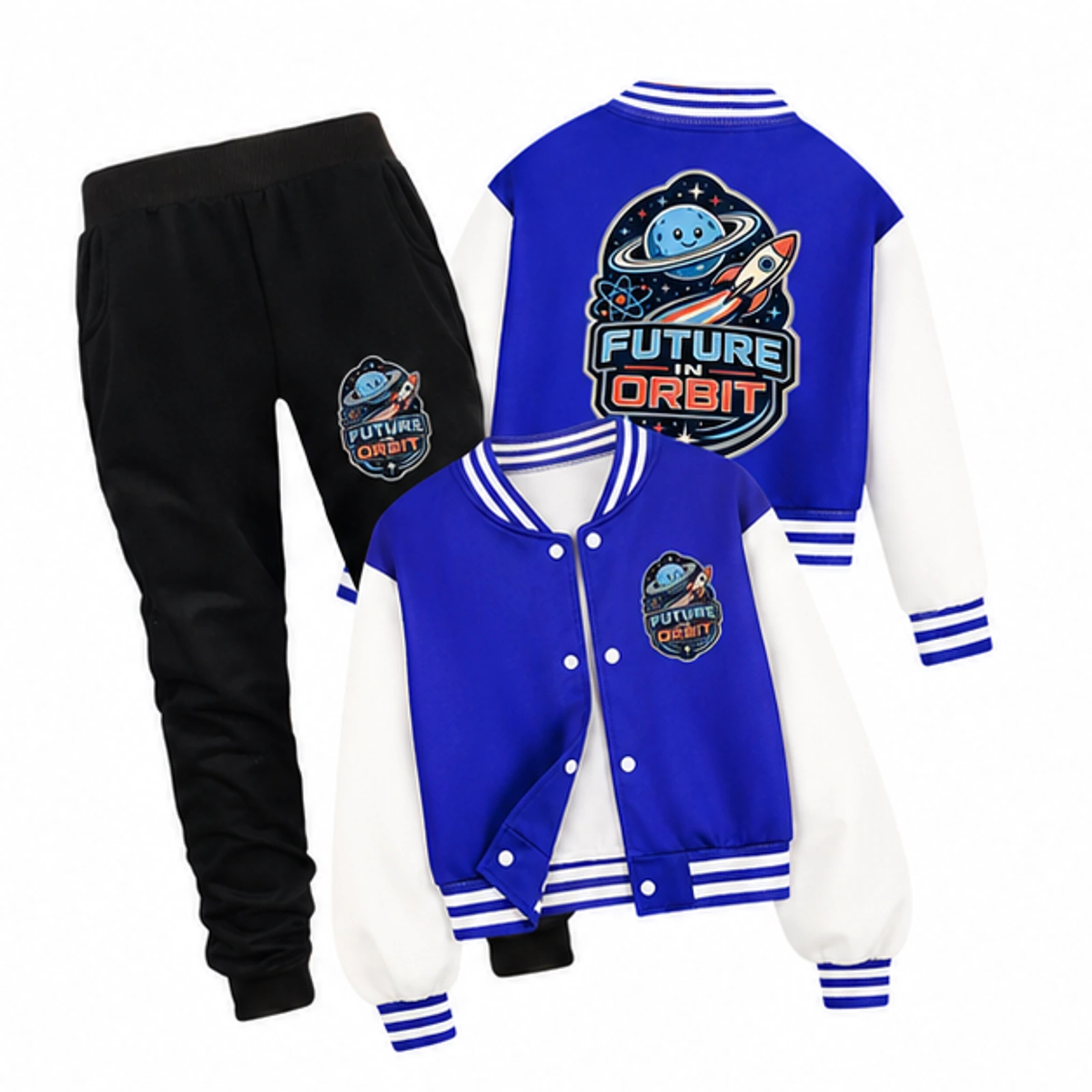 Future in Orbit Custom Kids Baseball Jacket and Pants Set, AI-redrawn from the exact blank product and approved logo reference