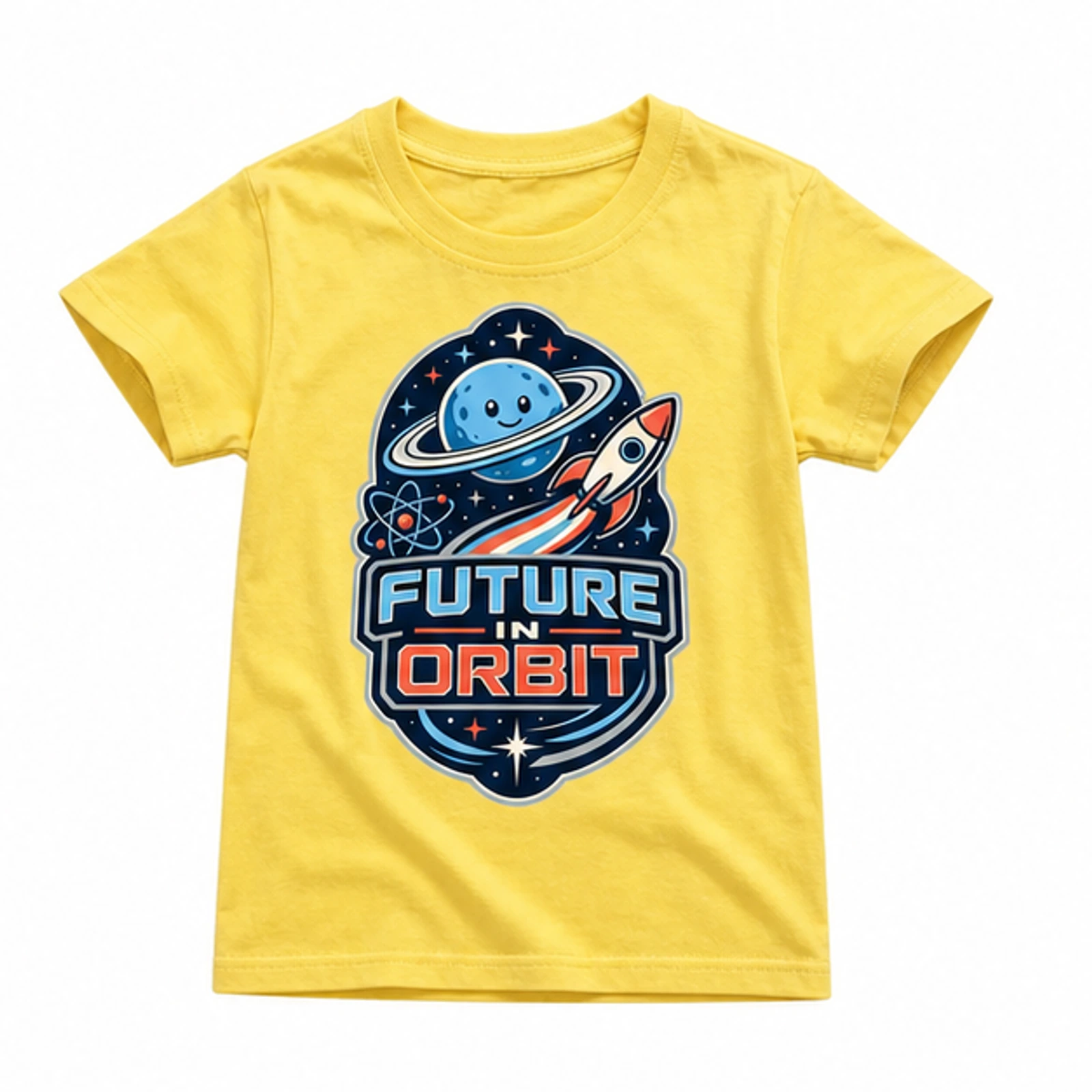 Yellow option for Future in Orbit Custom Kids Classic Short-Sleeve T-Shirt, AI-redrawn from the exact blank product and approved logo reference